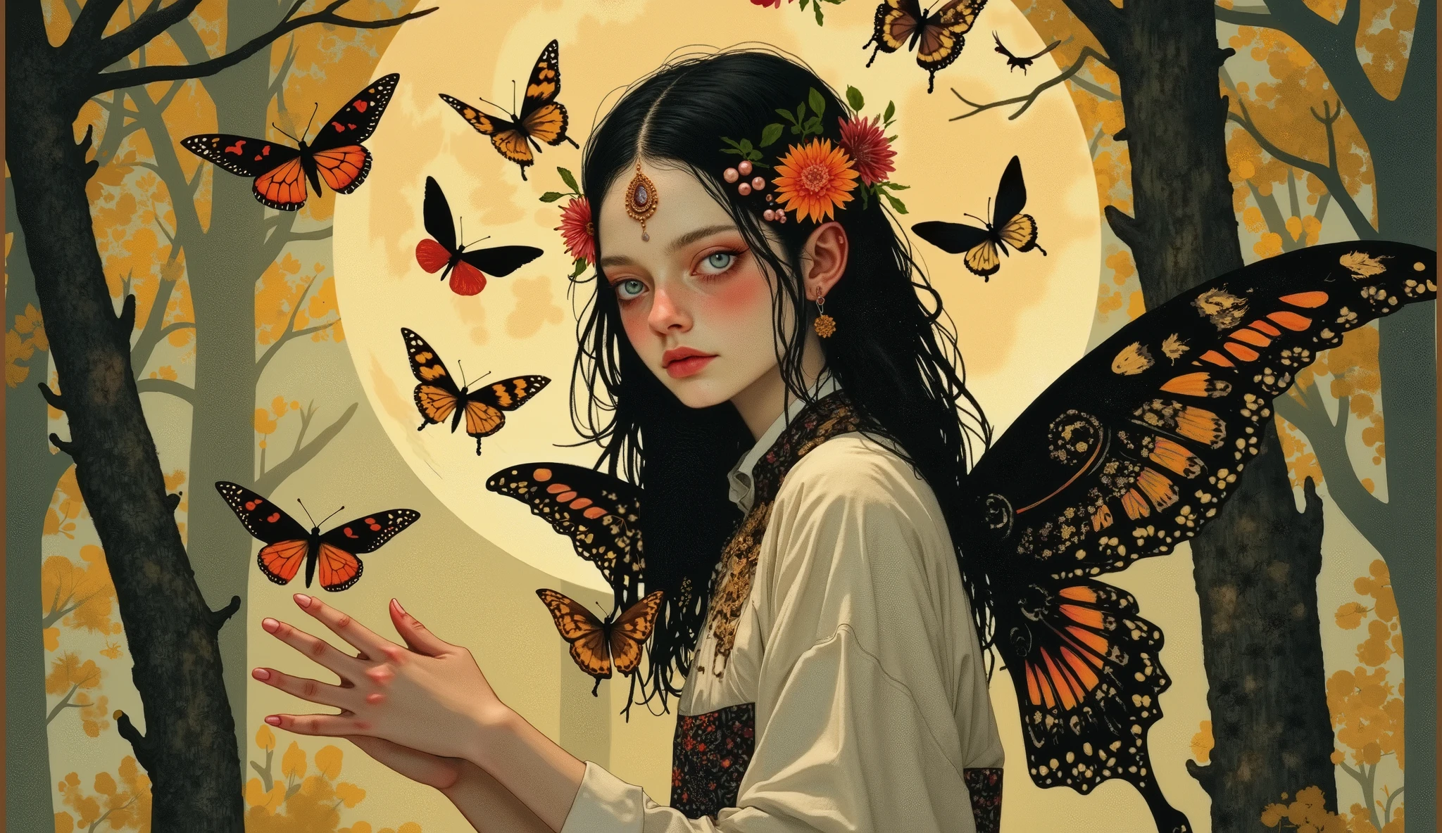 Nsfw,Naked,guaiwupi_bb,DFM,ethereal fantasy. close up portrait. a woman in floral jewelry and delicate, shining fantasy wings, among a swirling, shimmering flock of moths against a soft, moonlit golden woodland landscape. ethereal fantasy super destroyed fog by thomas kinkade