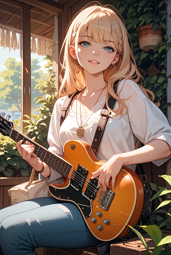 An image of a girl wearing big headphones singing into the river while playing a guitar and looking away 