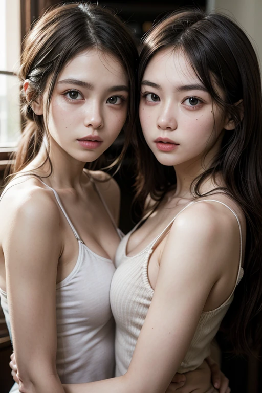(nsfw), (Best Quality, Realistic), (gray hair:1.2), silver hair and blue-eyes girl ig model, upper body shot, gray-haired girl with fair skin and seductive Adopt a curvaceous posture, damp skin, detailed face, huge eyes, very small face, detailed eyes, big eyes, dropy eyes, Double eyelid, Wearing baggy shorts, Adopt a curvaceous posture, wide open chest、(damp skin:1.2), daily,  short hair, With a high ponytail and large breasts, Wet udder、wet breasts、soft breasts、ingrown breast、bold exposure、wet skin、damp skin、captivate your audience、(mischievous smile, Secret talk:1.4), (Active, Active pose:1.4), leaning forward、showing breasts、light pink areola、Beautiful puffy nipple, A little of the areola is visible、focus breast、(fog and mist Blurred background, Perfect and beautiful concrete background:1.4), (Inorganic and nostalgic white lighting:1.4), 