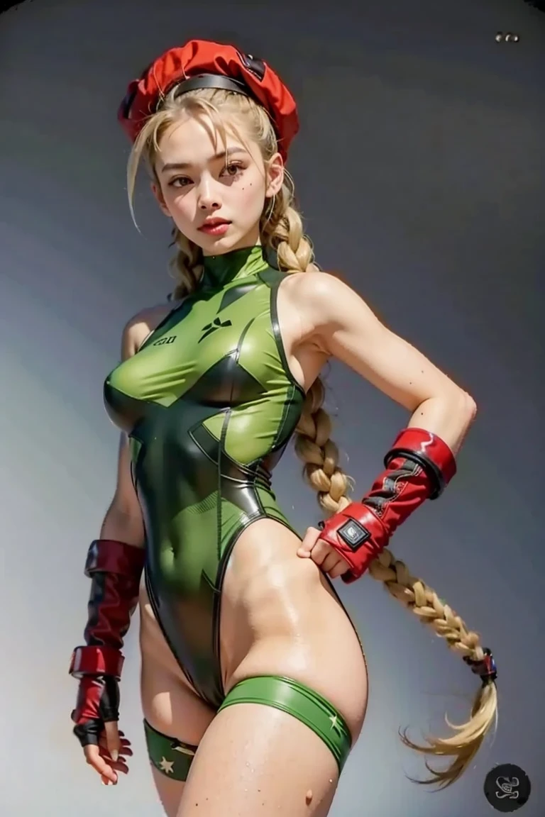 cinematic film still beautiful,masterpiece,best quality,extremely detailed face,perfect lighting,1girl,arms behind head,cowboy shot,cute,flirty,looking at viewer,<lora:add_detail:1>,<lora:cammy_white_v1:1>,cammy white,twin braids,long hair,blonde hair,antenna hair,beret,(red headwear:1.3),blue eyes,scar on cheek,(large breasts:1.2),green leotard,sleeveless,red gloves,fingerless gloves,camouflage,<lora:muscle_slider_v1:1.5>,ass shot, . shallow depth of field, vignette, highly detailed, high budget, bokeh, cinemascope, moody, epic, gorgeous, film grain, grainy