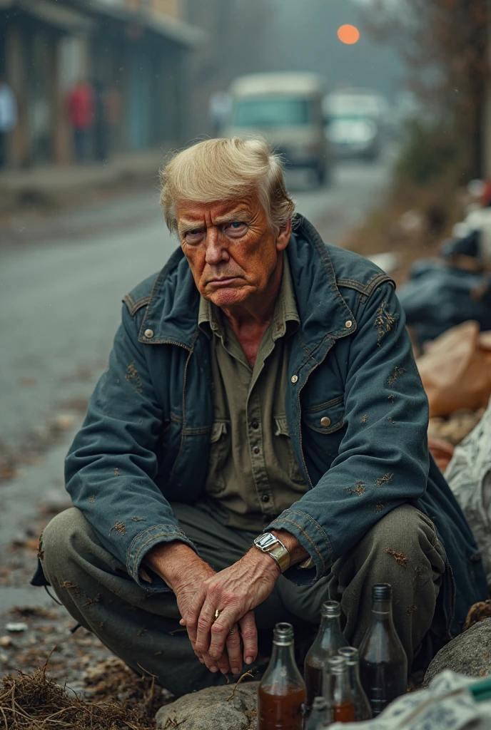close up,best quality,masterpiece,President Trump is picking up trash in an alley.,Wearing torn clothes