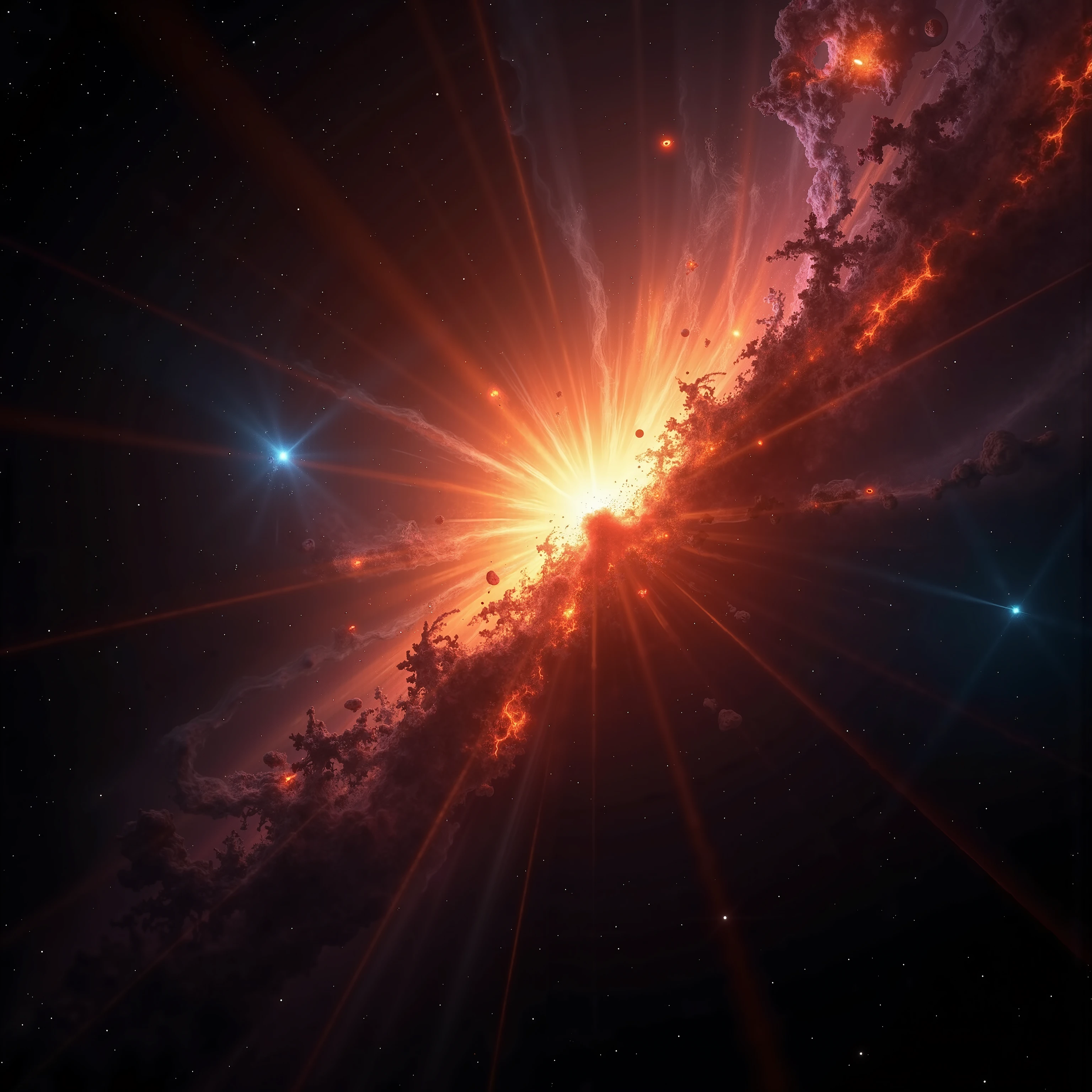 Ultra-realistic, photo-realistic ultra-detailed, insane 3D realism, cinematic photography, cinematography, hyperrealistic. An incredible ethereal cosmic view reveals a breathtaking interaction within the universe. The core of this image prominently features a vibrant explosion of colors set against the vast black expanse of space. Fiery shades of orange and red burst dramatically in seemingly chaotic patterns from a central point, resembling interstellar jets or streams. These warm tones are contrasted by cooler shades of blue and purple, highlighting areas of intense activity, possibly indicating energetic particles or nebulous formations. The composition suggests dynamic processes at play, with swirling motions and intricate textures painting a vivid picture of the celestial phenomenon. This awe-inspiring scene captures the magnificent complexity and beauty of the cosmos, inviting contemplation of the mysteries beyond our earthly realm. The sheer magnitude and depth of space are subtly suggested by the dark backdrop, enhancing the luminance of the incandescent tendrils and providing a sense of scale. A close up of a black and orange picture of a star, stellar formation, nubulae hubble, gemini star formation, black hole with accretion disс, chaotic cinematic space rift, in a nebula, exploding nebula, cosmic atmosphere light flares, nebula sized, gorgeous nebula is born, promo art, deep space super structure, distant nebula are glowing algae