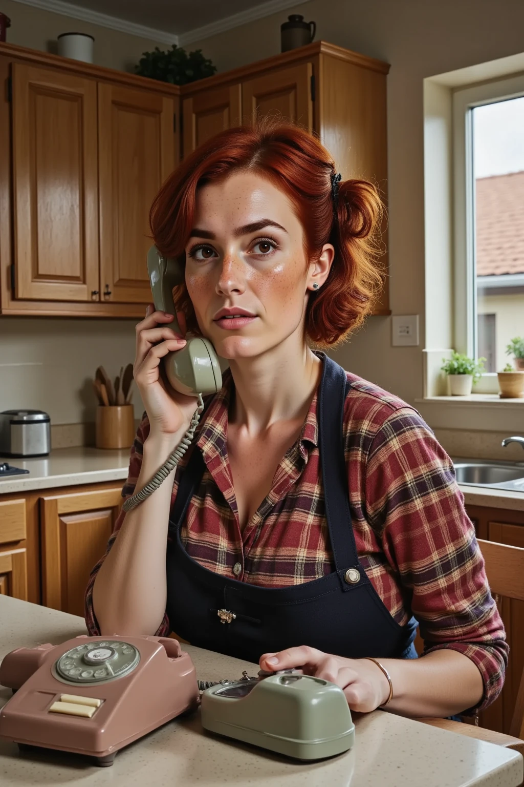 a woman, <hypernet:SarahConnorT:1>, (Sarah Connor:1.2), ((apron on the body)), (redhead), (white apron), girl