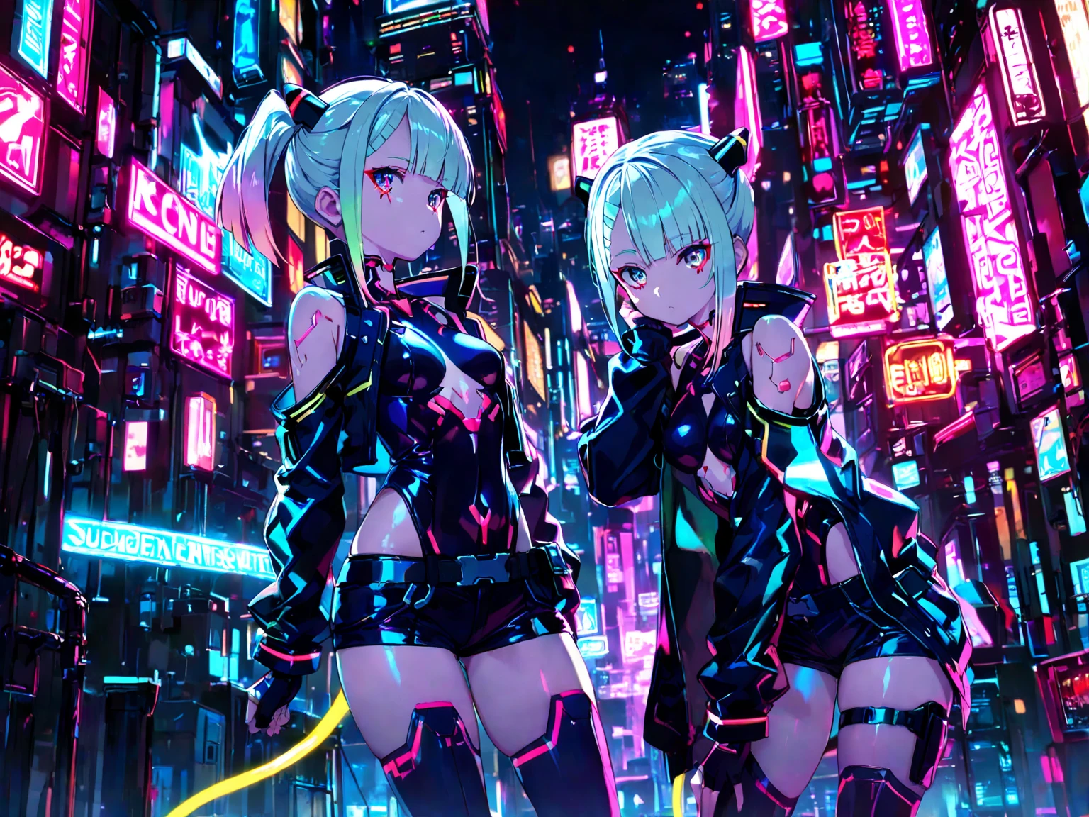 long shot scenic professional photograph of 2girls, cleavage, visible skin, strapless bodysuit, (led costume features), glow in the dark armbands, glow in the dark thighs, rave festival, (((night))), ((neon lights)), edc, rave, fireworks, black lights, glow in the dark paintings, dancing (hands up in the air), free hairstyle, smiling, toned, sono, boombox, (night time), highly detailed, wide-angle lens, hyper realistic, with dramatic night sky, polarizing filter, night lighting, vivid colors, everything in sharp focus, HDR, UHD, 64K <lora:oltopia_yiu_v10:0.5> <lora:duoartstyle:0.5>
