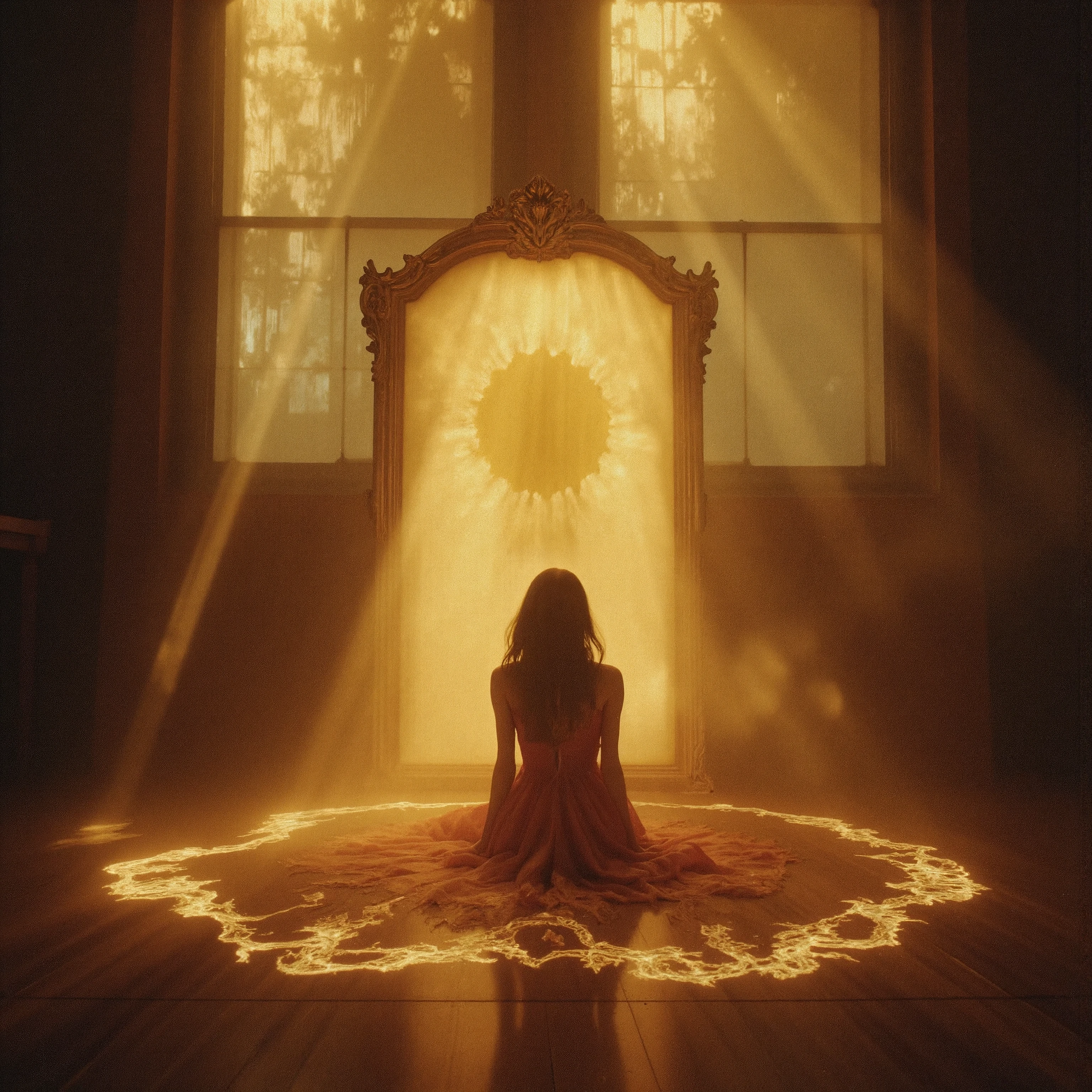 Ultra-realistic, photo-realistic, ultra-detailed, physically-based rendering, professional movie quality imagery, cinematography, full focus, UHDR, highres, startling, stunning, visually intoxicating. Transcendent solar phenomena: Woman sits before Victorian mirror engulfed in extraordinary light manifestations, reality-bending sunbeams creating supernatural spectacle.
Enhanced Light Phenomena:
- Massive golden sunbeams piercing darkness like physical entities
- Crystalline light fractals forming in air
- Prismatic solar halos creating rainbow coronas
- Light behaving like liquid gold, flowing through space
- Suspended light particles forming geometric patterns
- Time-frozen light waves visible as physical structures
- Diamond-like light refractions splitting reality
- Supernatural aurora effects in sunbeams
Advanced Solar Effects:
- Light bending impossibly around mirror frame
- Miniature sun phenomena floating in air
- Crystal-clear light caustics on walls
- Solar flare patterns in mirror surface
- Light forming ethereal architecture
- Quantum light tunnels through darkness
- Angelic light pillars piercing shadows
- Living light tendrils reaching through window
Atmospheric Light Dynamics:
- Ultra-bright volumetric god rays
- Light creating visible dimensional portals
- Dust particles transformed into light crystals
- Reality-warping light refraction patterns
- Prismatic color explosions in air
- Light forming impossible structures
- Mirror surface becoming pure light
- Time-frozen light cascades
Technical Excellence:
- Photorealistic 16k resolution
- Professional cinematography
- Ultra-detailed light rendering
- UHDR light processing
- Hyperrealistic textures
- Volumetric lighting effects
- Raw photo quality
- Icon-style drama
Core Elements:
- Elegant woman in flowing sleeveless gown
- Victorian ornate full-length mirror
- Gothic architectural details
- Polished floors reflecting light phenomena
- Long wavy hair catching light
- Dramatic shadow contrasts
- Surreal color palette
- Dreamlike atmosphere