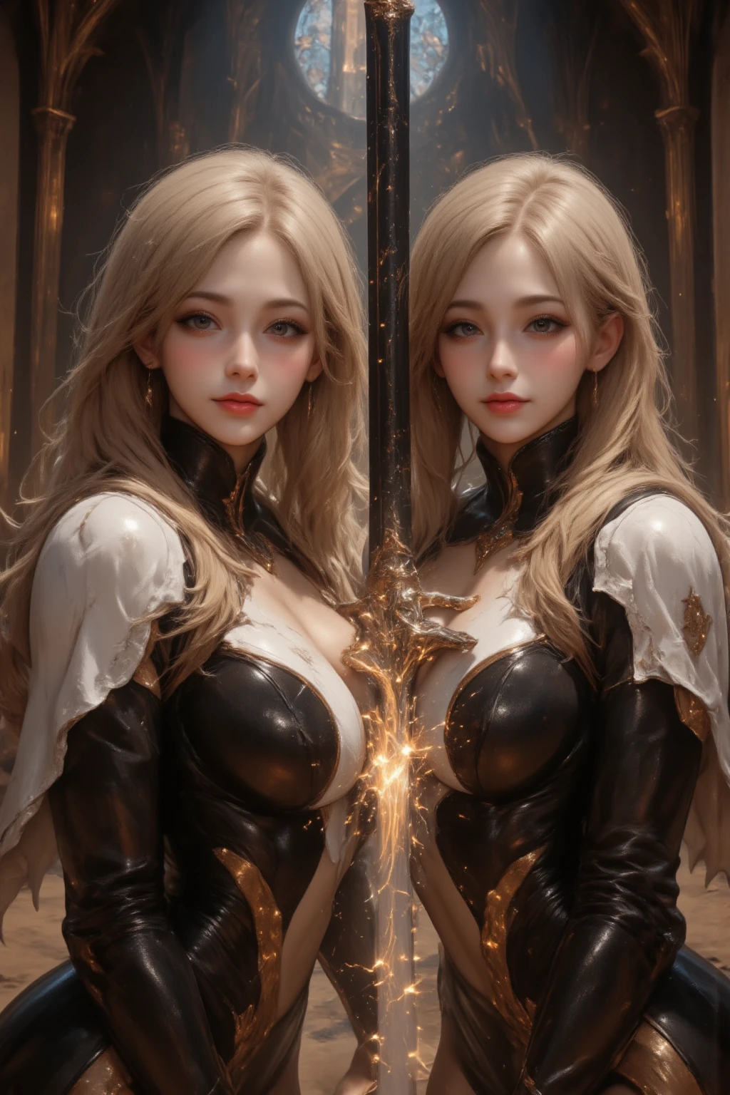 ((8K,High image quality High image quality、masterpiece:1.4))、1、Long Blonde Hair、gradation hair、Super Beautiful Demon Hunter、beautiful expression、red-lips,beautidful eyes、Models with large breasts、Perfect face shape、Bright red sexy chest armor、Glossy black and bright red trousers and legers,With a large kissel,Golden decoration,Realistic proportions、Dynamic Poses、high details、Convoluted、intricate-detail、Realistic eyes、Realistic eye proportions、foco nítido、32K、Realistic lighting、Extreme details、Realistic pupils、realistic proportion eyes、Pupils of realistic proportions、Realistic Shadows、Evafee