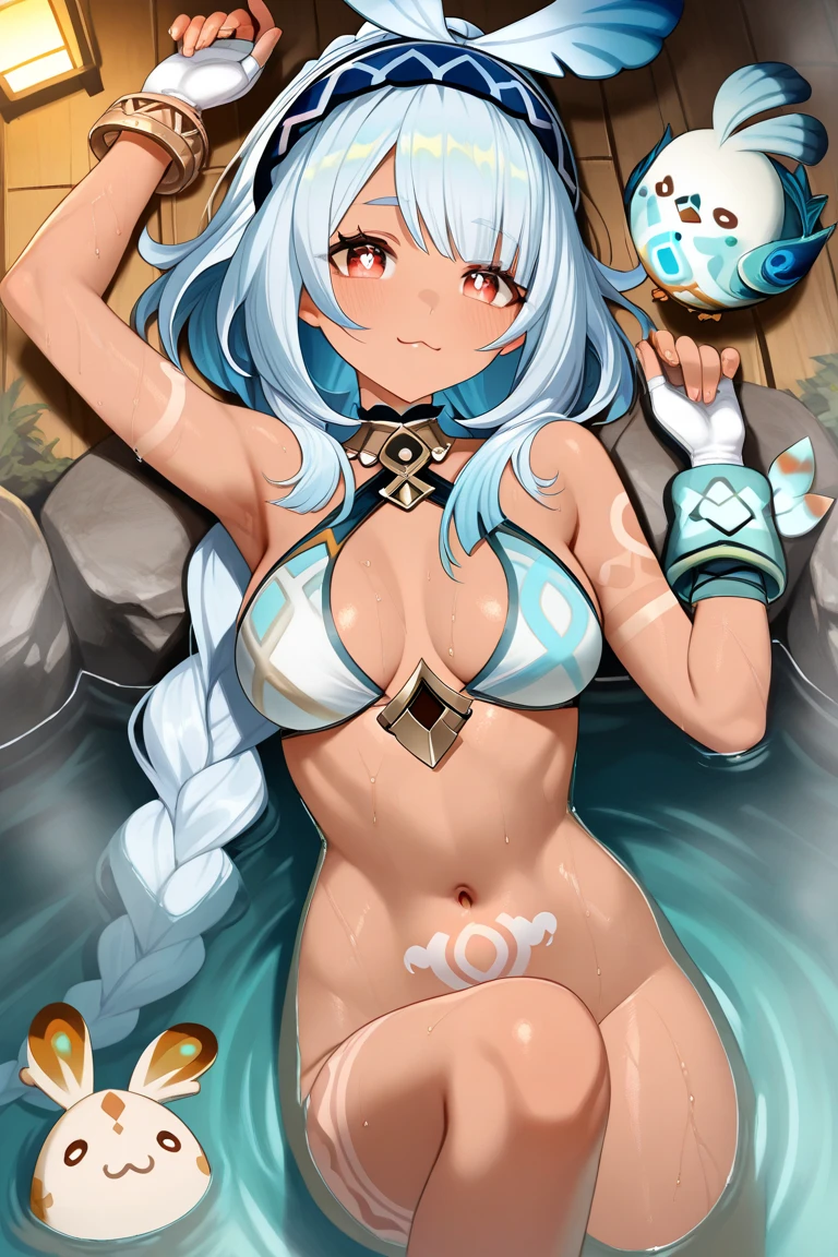 masterpiece, best quality, ultra-detailed, illustration, colorful, flat color, depth of field, lens flare, 1girl, ashe \(league of legends\), white hair, blue eyes, messy hair, anime, (closeup), detailed skin texture, beautiful detailed face, (micro bikini), seductive smile, alluring attire, collarbone, (fake breasts, gigantic breasts, torpedo tits), fit