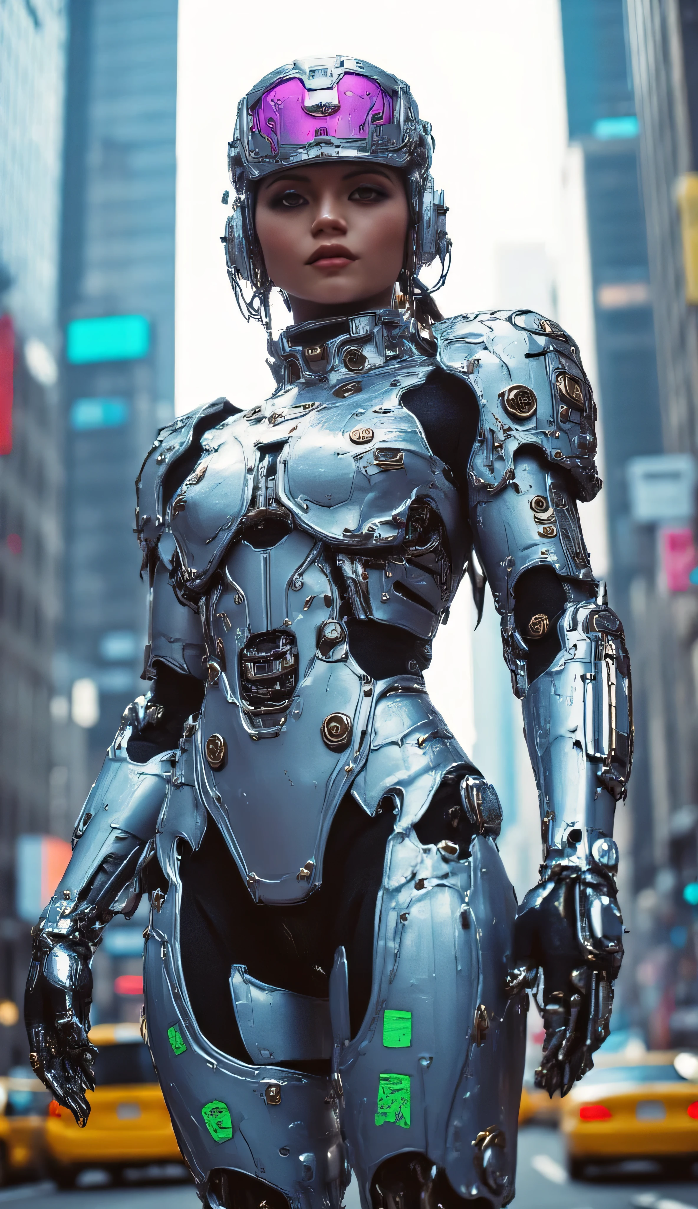 Isabela Merced as Robocop, futuristic cyborg police officer, sleek silver exosuit, stands confidently, modern cyberpunk city, neon reflections on her polished chrome armor, highly detailed suit, mechanical joints, reinforced plating, glowing accents, helmet has a reflective purple visor, bold red lips, blurred skyscrapers, yellow taxis, cinematic urban background, realistic, ultra-detailed, high-tech sci-fi atmosphere, dramatic lighting, cinematic composition