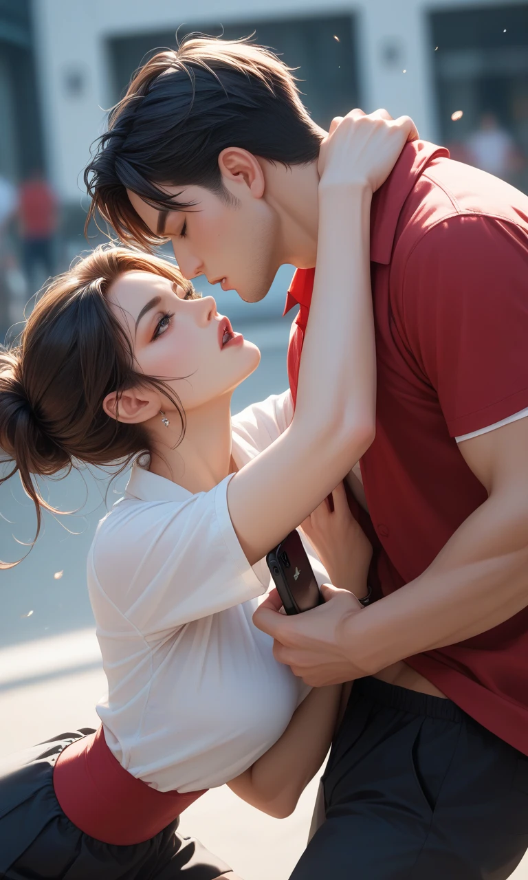 whole body, Wide Shot, One Japanese woman is 20 years old,(Big Breasts),The woman has short black hair., One Japanese man is 28 years old, Yankee, Gray short-haired, "A young man with a tough face is kissing a young woman", The man forces a kiss on the young woman., (The man and woman are intertwined, mouths open and tongues sticking out.), Crouching on the floor, M-shaped legs, Focus on the man,