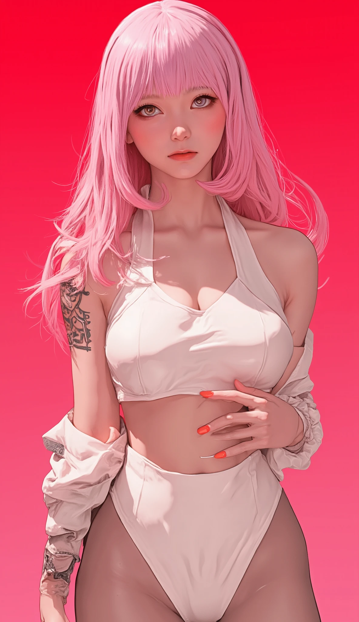 A beautiful Japanese woman with fair skin, long hair and straight salmon-pink bangs, large breasts, wearing a white bikini, pink makeup on her cheeks, which gives her a delicate and feminine look, red eyeliner, matte red nails, highlighting certain aspects like shadows and sharpness, and creating a gradient in the background colors, with red on top and salmon-pink below. Add some cyberpunk tattoos, too.