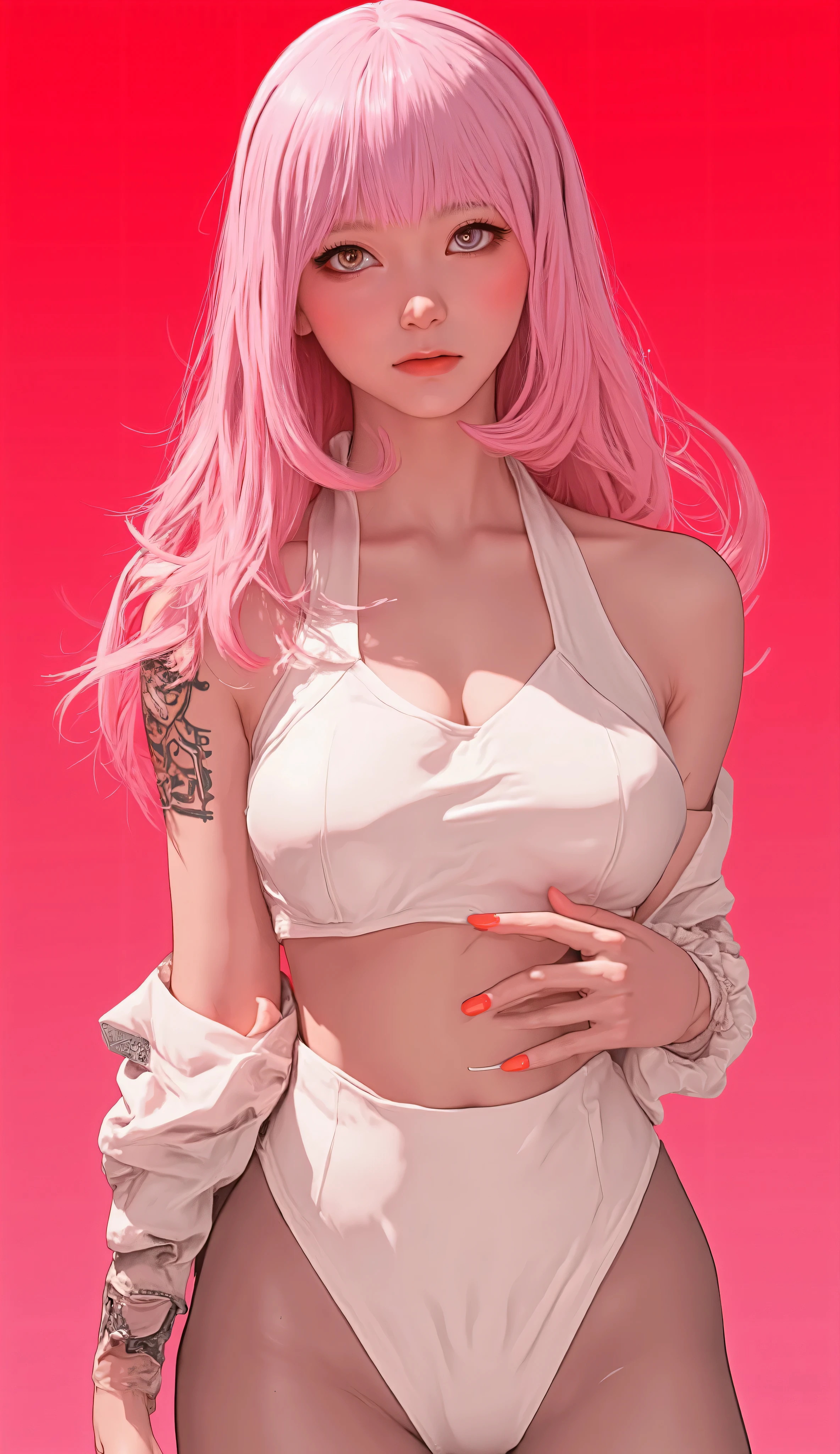 A beautiful Japanese woman with fair skin, long hair and straight salmon-pink bangs, large breasts, wearing a white bikini, pink makeup on her cheeks, which gives her a delicate and feminine look, red eyeliner, matte red nails, highlighting certain aspects like shadows and sharpness, and creating a gradient in the background colors, with red on top and salmon-pink below. Add some cyberpunk tattoos, too.