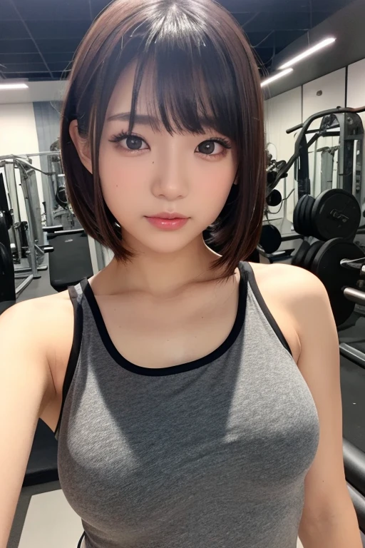 Cute Japanese Women Photos、Normal chest、Very short bob hair、Pink Hair、Whole body、Face Focus、Gym、Long sleeve sportswear、Simple Background、From above、Take a selfie、Are standing、Above the waist、No smartphone