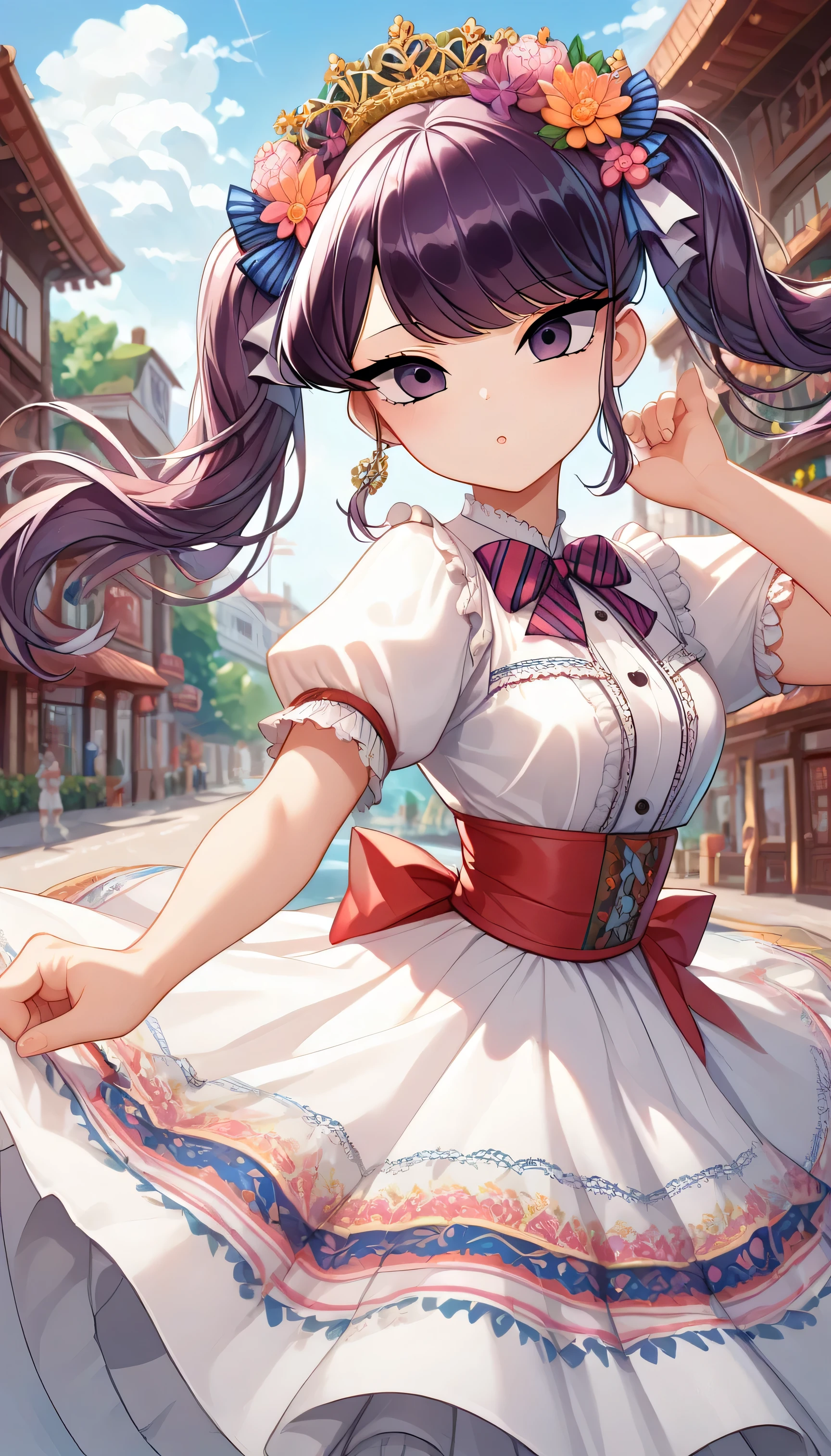 Komi Shouko with pigtails, purple hair, purple eyes, MexClothes hair ornament, flower, white dress, frills, traditional clothes, ribbon, puffy sleeves, multicolored clothes, colorful clothes, in an anime-style, outdoors, mexican downtown background, sunset