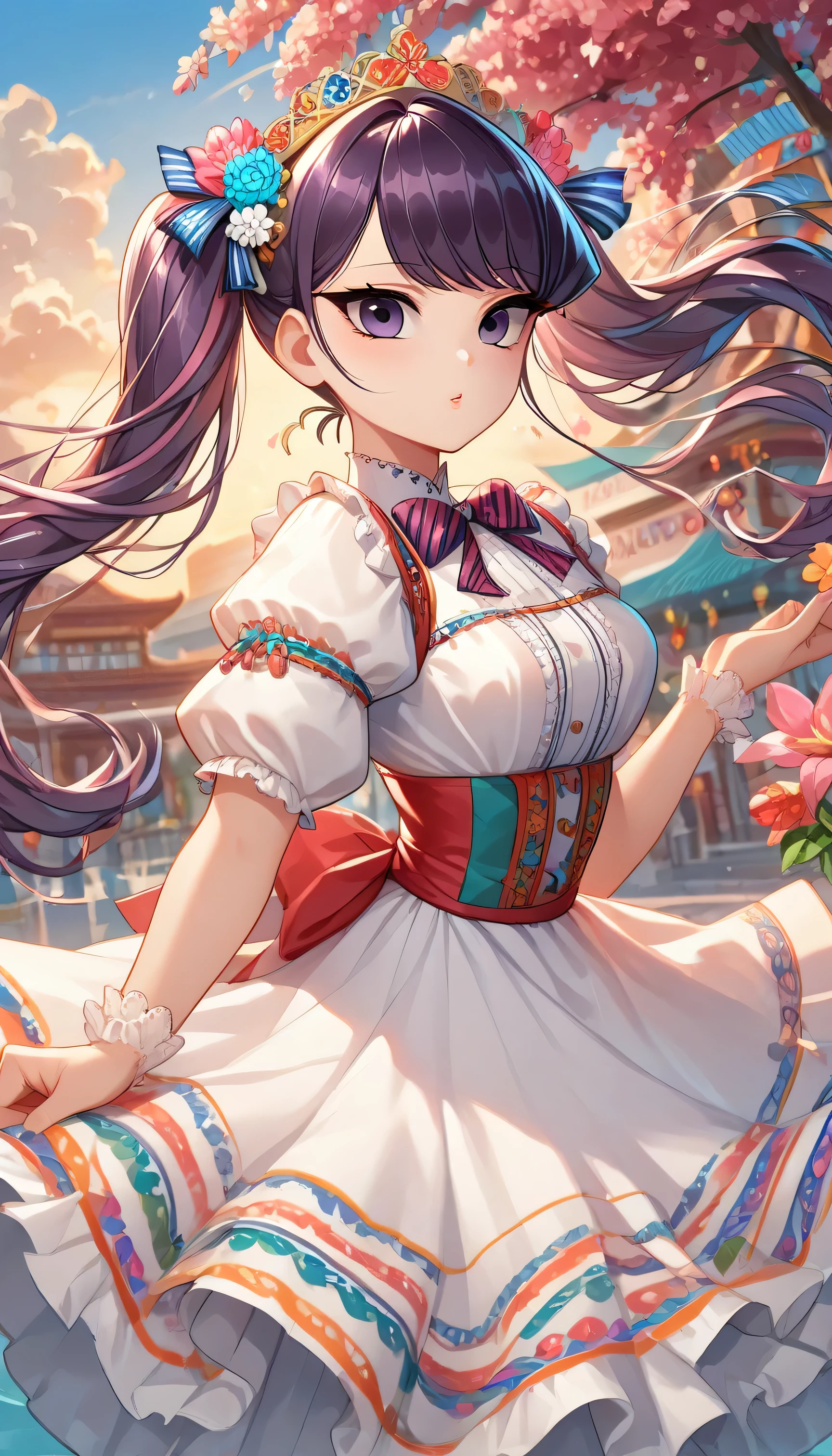 Komi Shouko with pigtails, purple hair, purple eyes, MexClothes hair ornament, flower, white dress, frills, traditional clothes, ribbon, puffy sleeves, multicolored clothes, colorful clothes, in an anime-style, outdoors, mexican downtown background, sunset