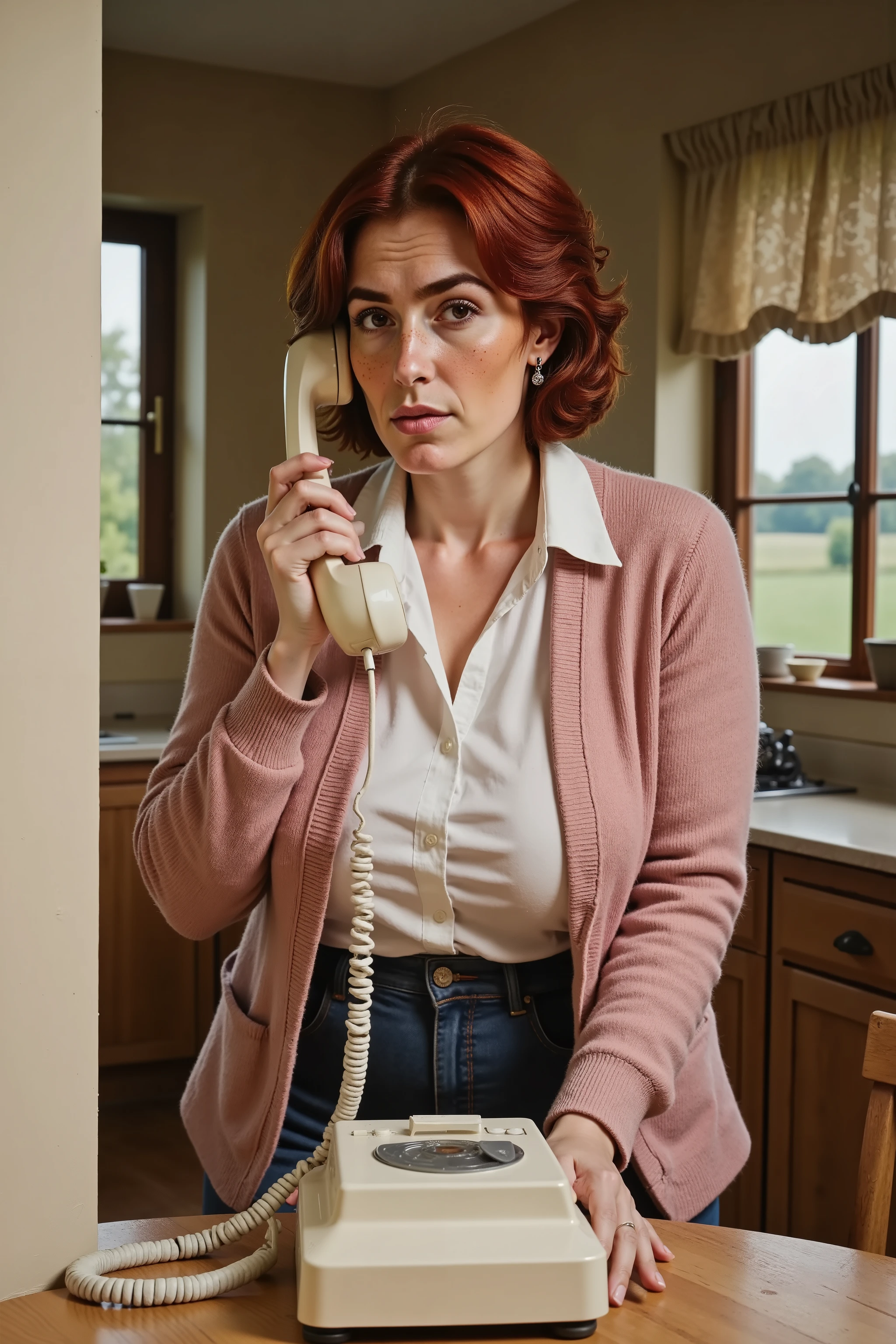 photorealistic close up picture of 40-year old woman holding the receiver of a wall-mounted landline phone in her kitchen. she is wearing 1980s style outfit. perm hairstyle with her reddish brown hair. Beautiful brown eyes. the kitchen in the background is a charming 1980s style kitchen. a window gives in some natural light. she has a serious look on her face and she's laying the phone receiver on the table. retr0grade80s