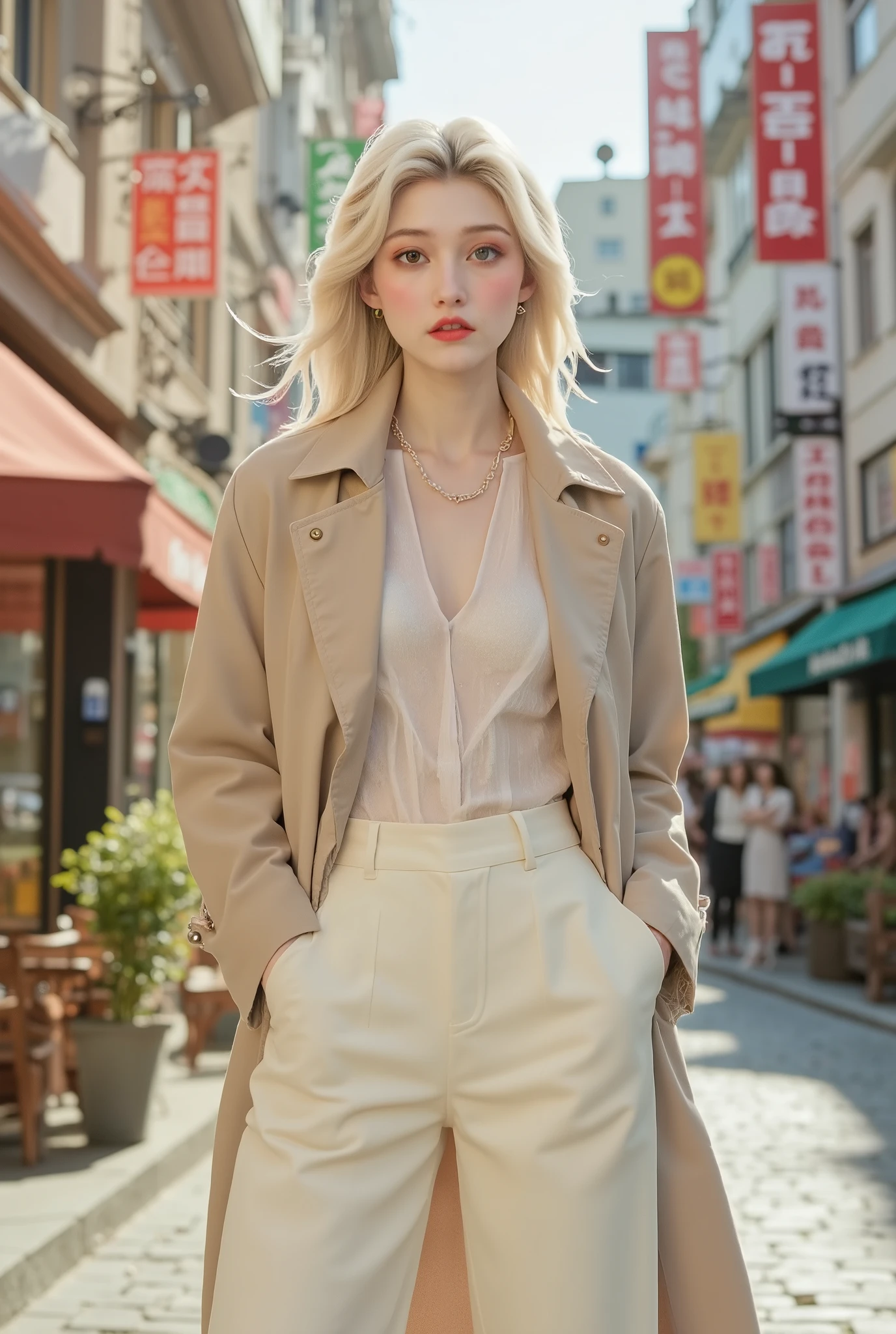 A modernized, urban reimagining of Elsa inspired by contemporary travel photography aesthetics.
She stands in a lively street scene, captured mid-pose as if in a candid travel shot, full of movement and energy.
Her hair is styled in a sleek, slightly tousled platinum blonde with soft highlights, flowing naturally rather than in a regal braid, matching her cosmopolitan aura.
The fashion is a fusion of urban chic and modern elegance: tailored pastel trench coat draped casually, stylish high-waisted trousers, and a minimalist silk blouse with subtle shimmering fabric, accessorized with layered jewelry and a crossbody designer bag.
Footwear is modern yet practical — ankle boots in a cool neutral tone, balancing fashion and travel readiness.
Her palette integrates reinterpreted Elsa tones in a travel-ready scheme: icy pastels blended with warm neutrals, hints of metallic accents, and soft natural tones that resonate with street photography environments.
Background suggests a vibrant cityscape — cafes, blurred neon reflections, cobblestone streets — giving the impression of a fashionable influencer snapshot during travel.
Pose is dynamic and candid: one hand lifting her hair back, body angled slightly toward the lens, eyes lively and expressive, exuding confidence, curiosity, and a hint of playful charm.
Lighting emphasizes soft golden-hour warmth blending with cooler reflective tones, achieving a cinematic travel look.
Composition focuses on a lifestyle portrait aesthetic — blending fashion photography, candid street capture, and travel storytelling, ensuring the image feels alive, stylish, and aspirational.