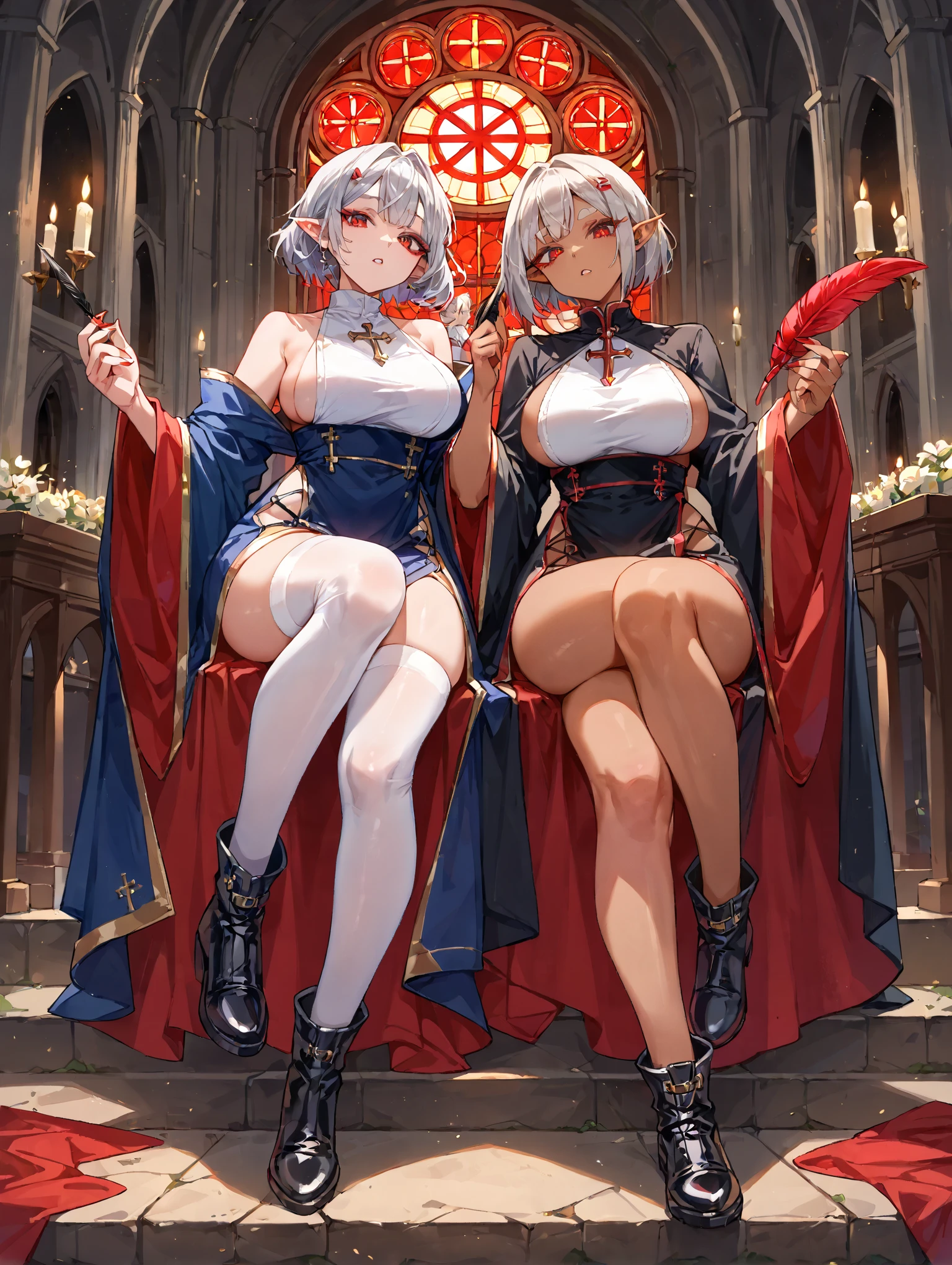Two beautiful women with white skin, very long gray hair, tthin eyebrows, blue eyes, Slim waist, Constriction, 8K, Photorealista, Large bust, bodyguard, red blush, They are smiling, Formidable, itting open legs, strong lighting, Looking back, fit derrier, posterior view, bottom less, Raised hands,T back、T-back beautiful nipples that dig into your butt、超A high resolution