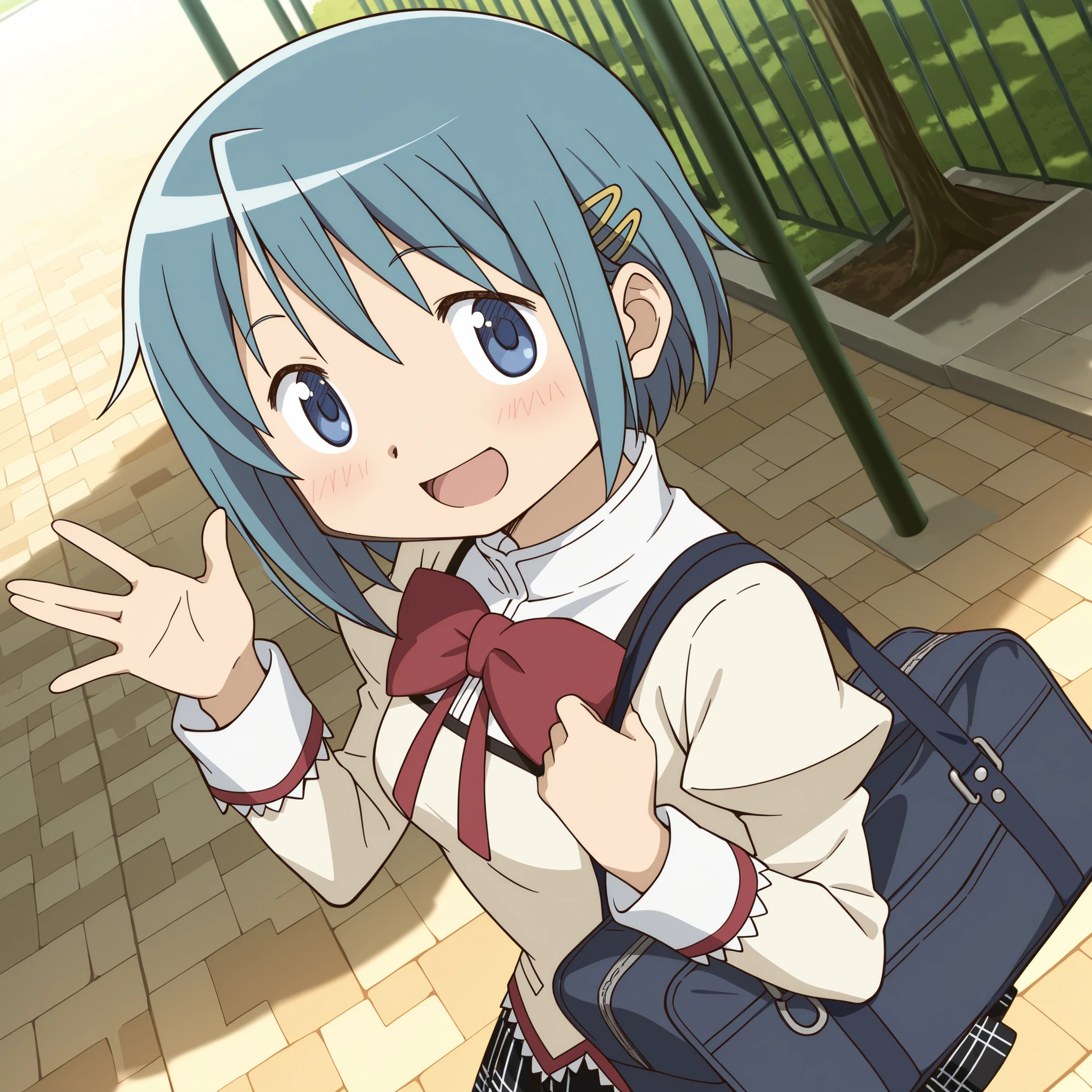 masterpiece, best quality, newest, absurdres, highres, safe, anime style, anime capture, anime screen, 1girl, solo, mahou shoujo madoka magica, miki sayaka, blue eyes, blue hair, short hair, hairclip, mitakihara school uniform, collared shirt, juliet sleeves, red bow, plaid skirt, black kneehighs, brown footwear, smile, blush, open mouth, school bag on shoulder, waving, warking, looking at viewer, zettai ryouiki, upper body focus, dutch angle, outdoors, park