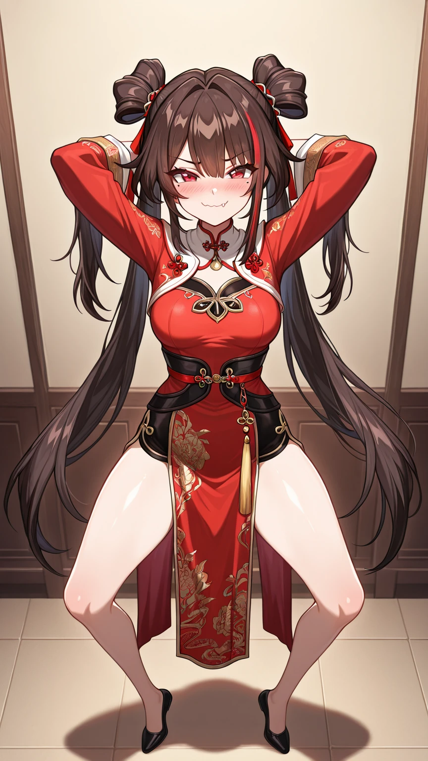 NSFW Cute Adult female Chinese dress Chinatown Brown hair Red clothes Sexy expression One leg raised pose Underwear