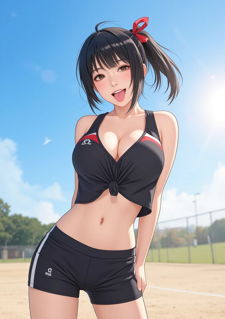 ((((highest quality)))), (((Ultra-precision CG 16K))), (((masterpiece))), (((Very detailed))), (((Extremely detailed))), (((Black outline:1.3, Written boundary depth:1.3 , Written soft outline))), Blur, Bokeh, Maximum clarity and sharpness,Multilayer Texture, Surface Shading, Cinematic lighting, Beautiful details sparkle ,Perfect Proportions, Limited to three woman, BREAK accurate, Anatomically correct, Highly detailed face and skin texture, drawn in detail, Highly detailed facial and skin texture, Detailed eyes, beautiful hair, Beautiful Japanese Idol face, Beautiful and beautiful eyes, Beautiful body, Beautiful breasts, Beautiful thighs, Beautiful legs, Beautiful fingers, (Beautiful views) , skinny body, ((Beautiful Skin)), ((Skin Texture)) BREAK breast enlarged, large Breasts, rocket breasts, (((perky breasts))), covered nipples ,slender waist, (laughing, narrow eyes, blush, determined expression, hot, sweaty , Heavy breathing,) BREAK (((no-bra, wearing oversized football uniform, sportswear, low rise hot pants with slits, no-sleeve, breast is covered by outfit))) , wearing earrings, BREAK ( stick breast out),(((a girl trap the soccer ball with chest on playground:1.3 , stretching out ,looking at viewer, closeup face:1.3, portraits shot))),