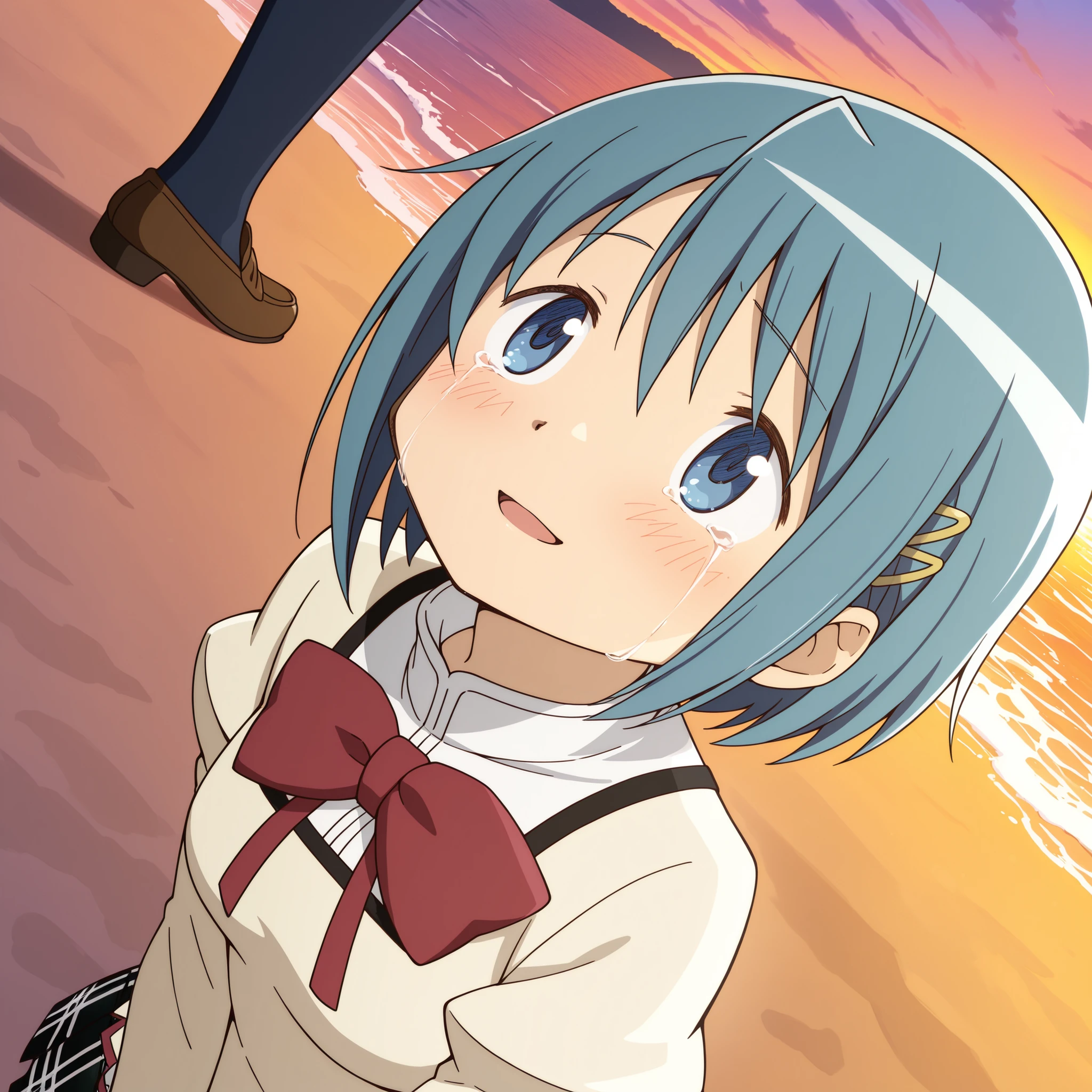 masterpiece, best quality, newest, absurdres, highres, safe, anime style, anime capture, anime screen, 1girl, solo, mahou shoujo madoka magica, miki sayaka, blue eyes, blue hair, short hair, hairclip, mitakihara school uniform, collared shirt, juliet sleeves, red bow, plaid skirt, black kneehighs, brown footwear, light smile, blush, tears, crying, open mouth, あたしってほんとバカ, looking up, zettai ryouiki, upper body focus, dutch angle, outdoors, ocean, beach, sunset