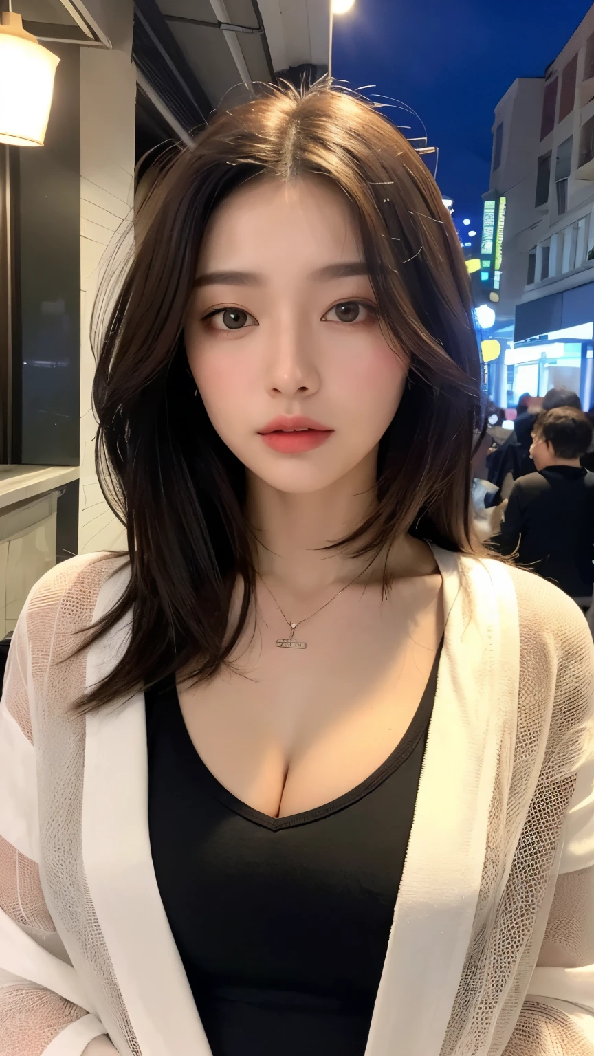 (((Best Quality, 8K, Masterpiece: 1.3,)), high-definition facial features, delicate facial feature, 1girl, Slim Abs Beauty: 1.3, ((long hair, natural hair, Big Breasts: 1.3)), ((((wearing causal attire with jacket)))), Fine Face, (((Delicate Eyes))), Double Eyelids, Smile, looking at the viewer, (full body 1.5), (((inside a cafe sitting))), ((((natural background)))), ((taking a coffee))
