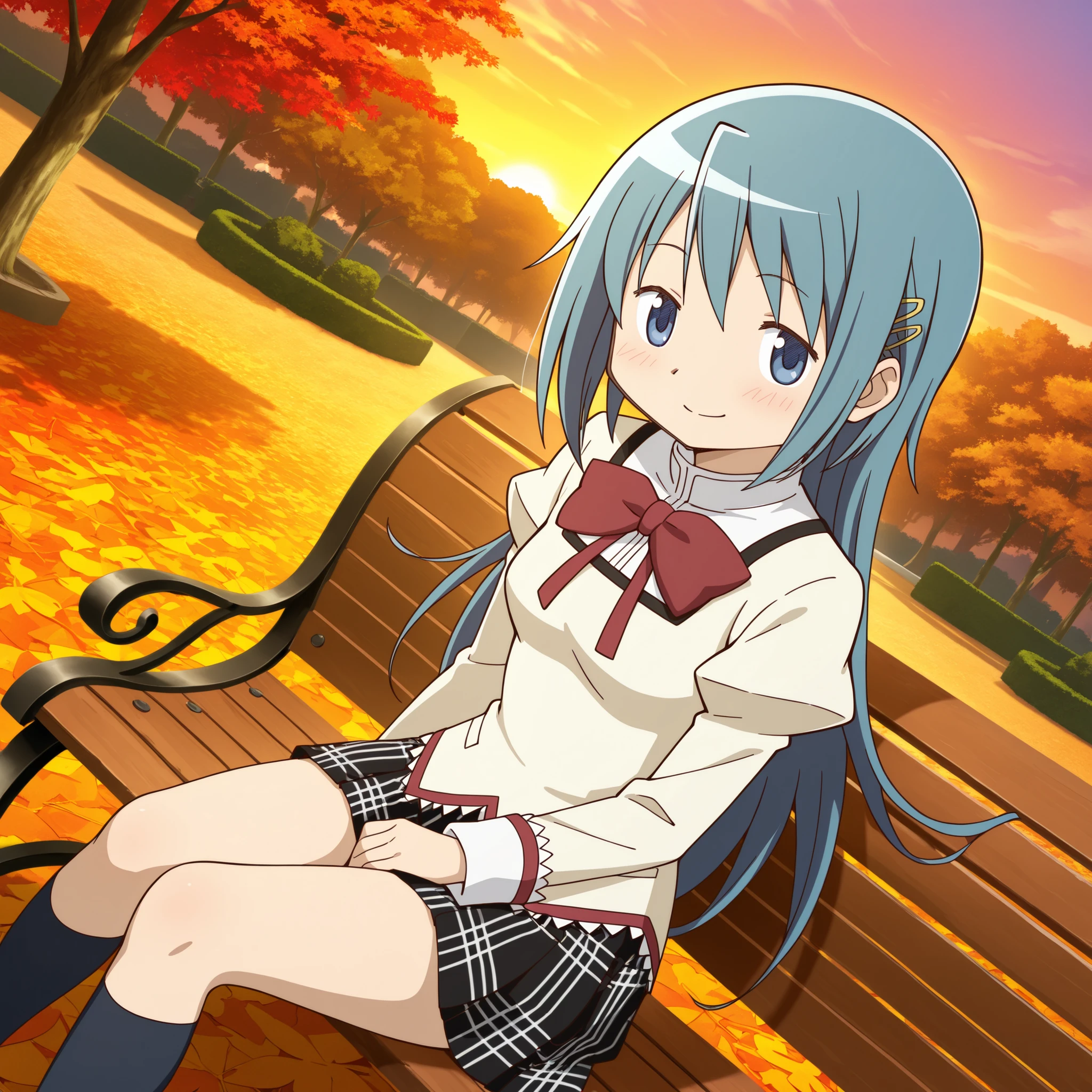 masterpiece, best quality, newest, absurdres, highres, safe, anime style, anime capture, anime screen, 1girl, solo, mahou shoujo madoka magica, miki sayaka, blue eyes, blue hair, long hair, hair down, hairclip, mitakihara school uniform, collared shirt, juliet sleeves, red bow, plaid skirt, black kneehighs, brown footwear,  smile, blush, looking at viewer, zettai ryouiki, dutch angle, sitting, outdoors, park, bench, sunset, autumn leaves