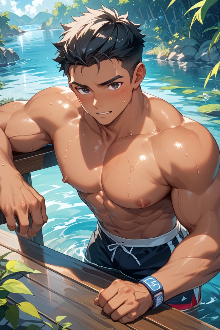 best quality, masterpiece, amazing details, (handsome dark skinned muscular young man with curly brown hair), tiny low rise blue speedos, climbing out of hotel resort swimming pool, wet body, perfect fingers, no watermark, no logo, no signature