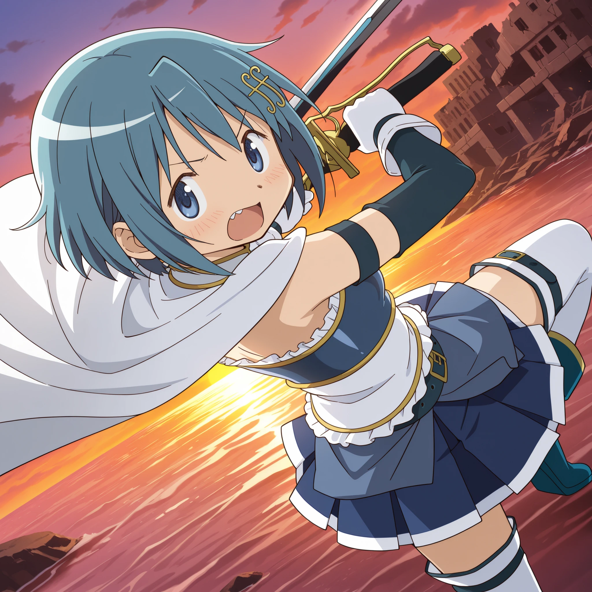 masterpiece, best quality, newest, absurdres, highres, safe, anime style, anime capture, anime screen, 1girl, solo, mahou shoujo madoka magica, miki sayaka, blue eyes, blue hair, short hair, fortissimo hair ornament, white cape, frilly dress, armband, elbow gloves, white gloves, soul gem, belt, blue skirt, white thighhighs, blue boots, holding sword, sharp face, open mouth, shout, blush, fighting stance, dual wielding, looking at viewer, zettai ryouiki, upper body focus, dutch angle, outdoors, ocean, ruined town, sunset