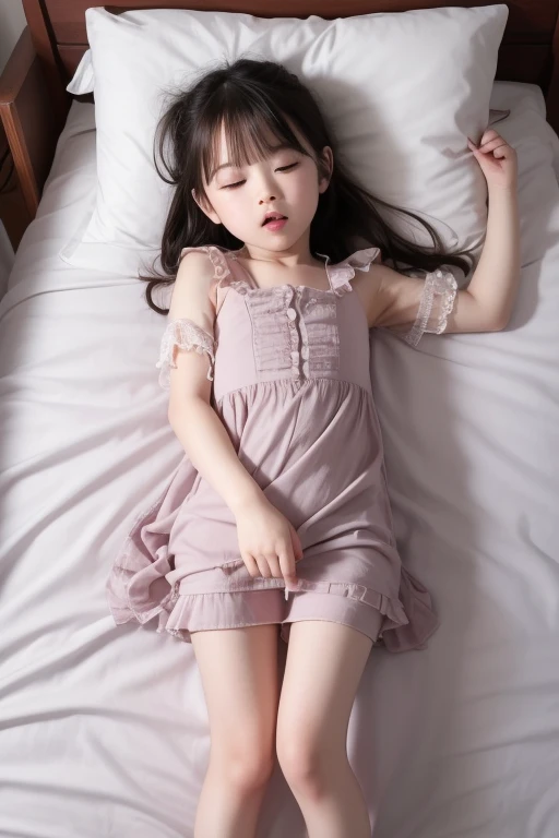 A girl sits on the floor of her room, crying with her head down, she wore a pink dress 