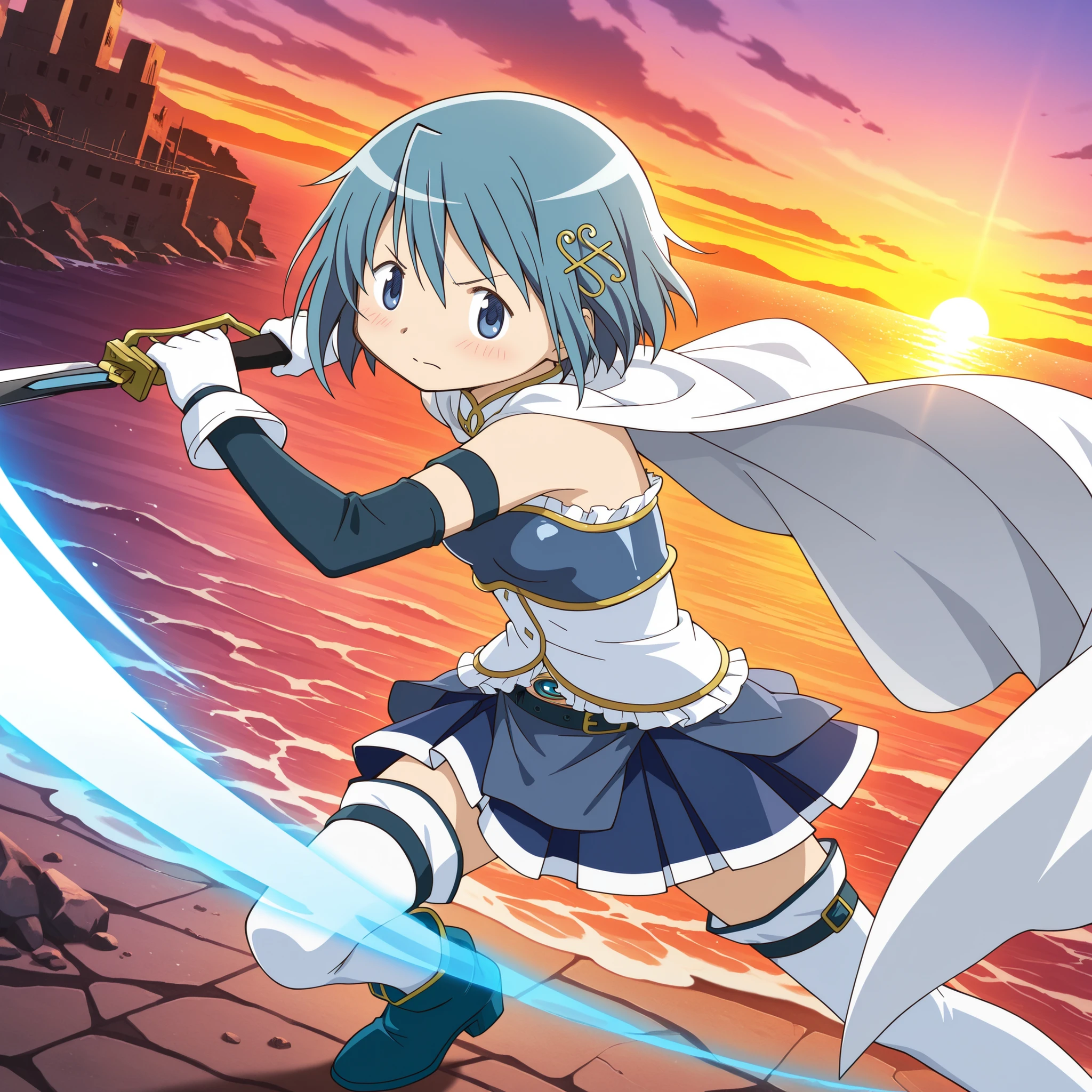 masterpiece, best quality, newest, absurdres, highres, safe, anime style, anime capture, anime screen, 1girl, solo, mahou shoujo madoka magica, miki sayaka, blue eyes, blue hair, short hair, fortissimo hair ornament, white cape, frilly dress, armband, elbow gloves, white gloves, soul gem, belt, blue skirt, white thighhighs, blue boots, holding sword, sharp face, blush, fighting stance, slashing with sword, looking at viewer, zettai ryouiki, dutch angle, outdoors, ocean, ruined town, sunset
