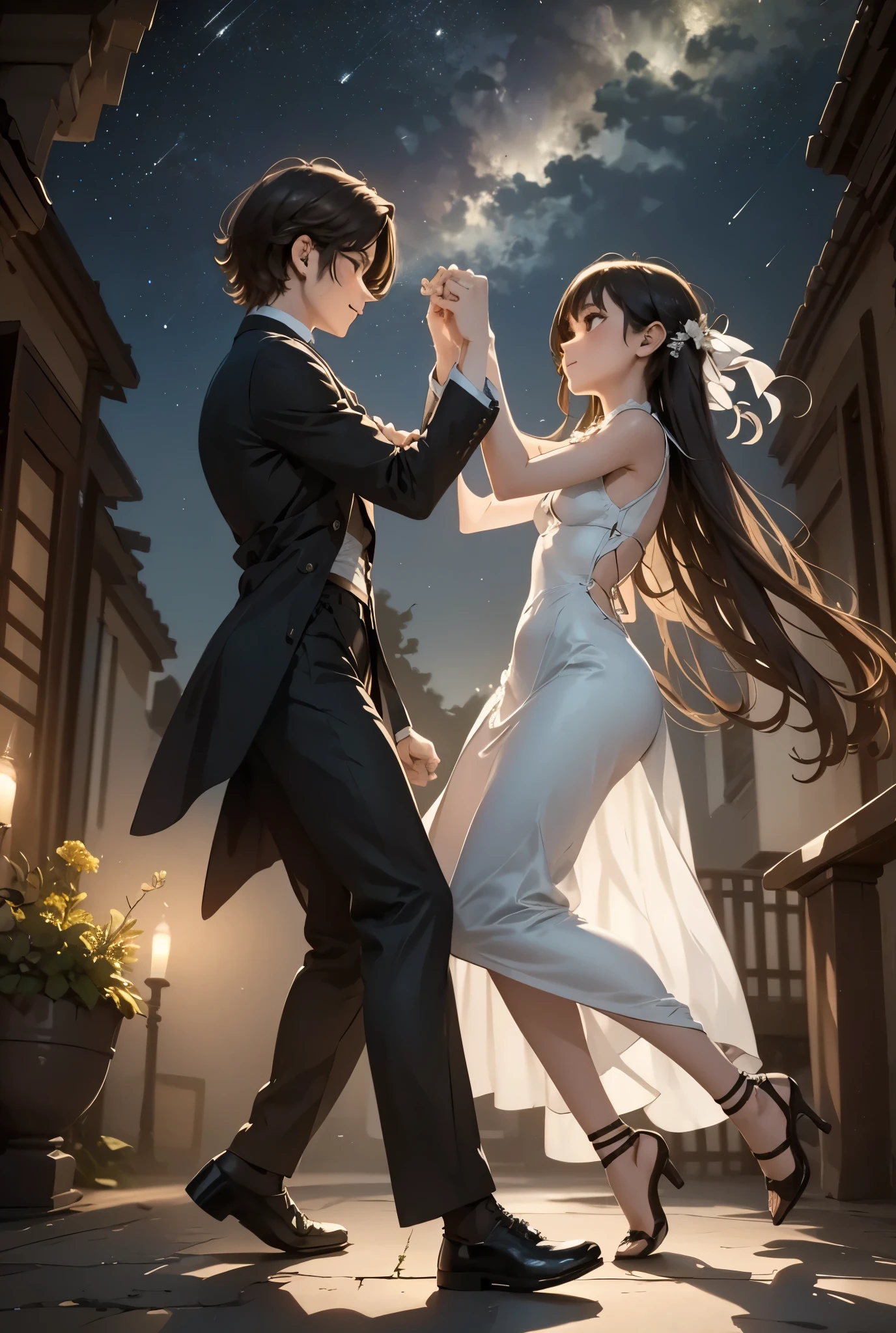 Light and Shadow A pair of souls, one made of light and the other of shadow, dance in perfect harmony under a starry sky.