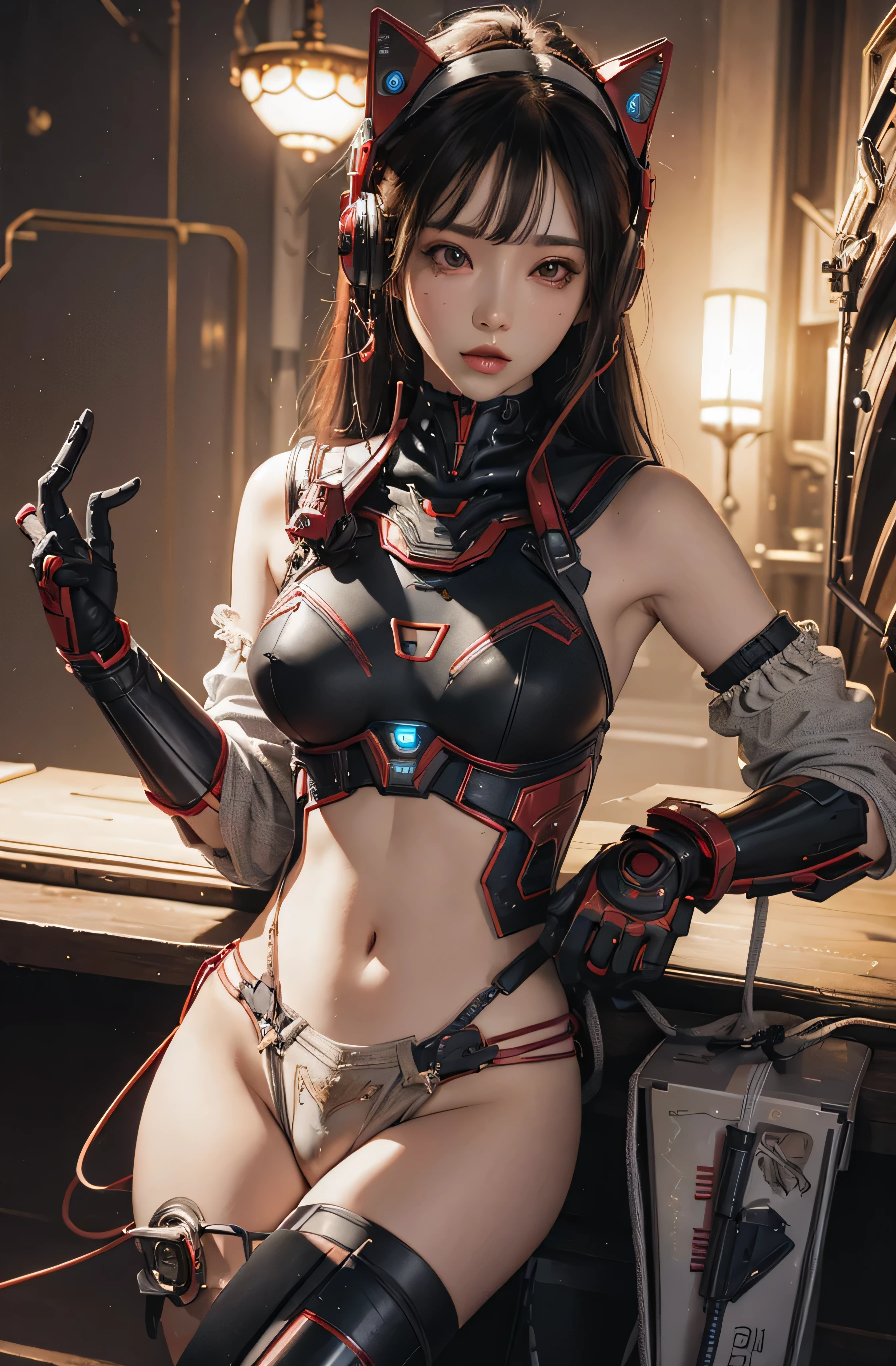 Super Detail, High Detail, high quality, best quality, High resolution，a female robot，Beautiful female robot,beautiful clear face(Rain waves_haneame：1.5)，mechanical body(whole body，body curve，Large size chest)，black machine armor，high tech，Highly mechanized