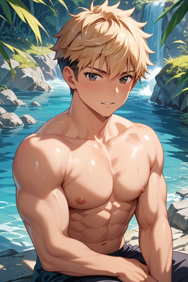 Shiny skin, Red skin, rosy skin, bright red skin, the boy blushed shyly, red face (muscular thigh muscles )(Naruto anime style, art) (photo angle from bottom up) (photo angle from the ground upwards) [Anime photo][highest quality photo][4k,HD photo quality ] wear tight and short loincloths ,the loincloth bulges due to the erect male genitals (muscular thigh muscles, firm thigh muscles, muscular thigh muscles, sinewy thigh muscles, giant thigh muscles, strong leg muscles, muscular hamstring leg muscles)(thigh muscles bulging as if about to explode, muscular, calloused, sinewy, giant) , Rudeus Greyrat, shy, pensive, tired,boy is tightening his abdominal muscles, bodybuilder,bodybuilding, standing, lots of sweat flowing down, topless, shirtless, hot sunny, 8 pack abs , short hair , green eyes, 1 hand strokes hair