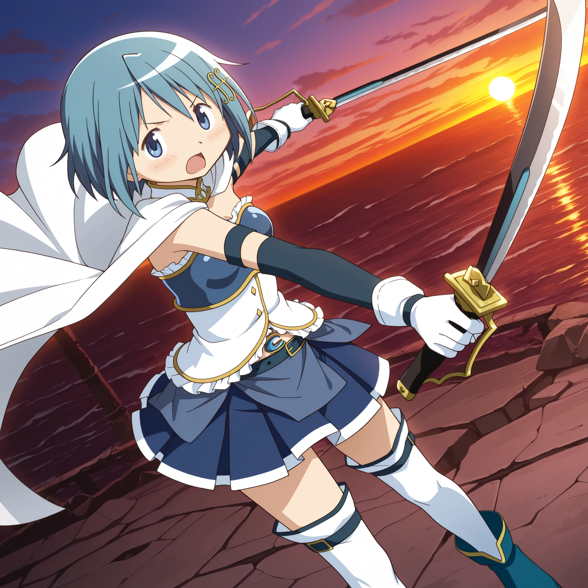 masterpiece, best quality, newest, absurdres, highres, safe, anime style, anime capture, anime screen, 1girl, solo, mahou shoujo madoka magica, miki sayaka, blue eyes, blue hair, short hair, fortissimo hair ornament, white cape, frilly dress, armband, elbow gloves, white gloves, soul gem, belt, blue skirt, white thighhighs, blue boots, holding sword, sharp face, open mouth, shout, blush, fighting stance, dual wielding, looking at viewer, zettai ryouiki, upper body focus, dutch angle, outdoors, ocean, ruined town, sunset