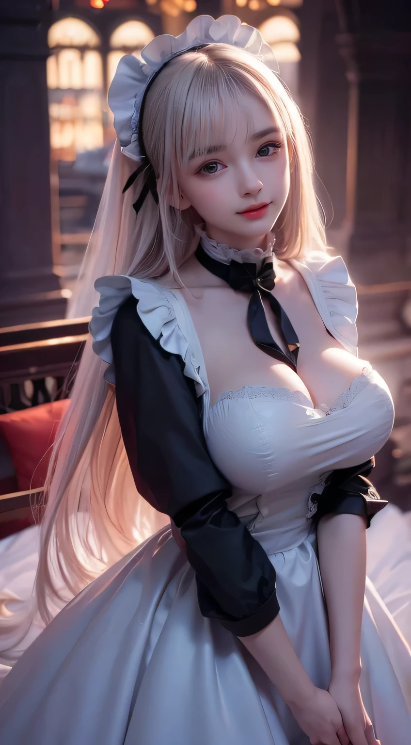 18 year old beautiful girl, big eyes, large breasts, and slender, 8K, top quality, (very detailed head: 1.0), (very detailed face: 1.0), (very detailed hair: 1.0), maid clothes, very detailed official artwork, anime moe art style, clean detailed anime art, smile, golden hair, smooth long hair