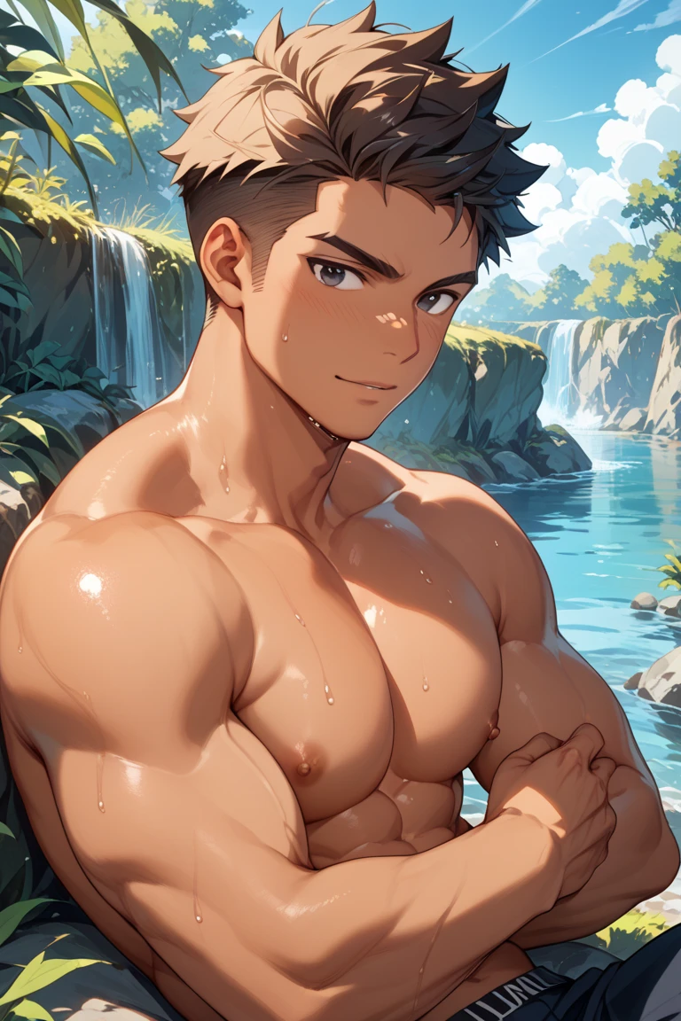 (masterpiece, best quality), 1man, muscular, bright colors, (depth of field: 1.2), sunlight, bright, high exposure, 1boy, male focus, solo, male high school, dark skin, , full, muscular, handsome, outdoors, bathing with steam, hot spring, hot spring, sweat, look at the audience, depth of field, bokeh, detailed background, detailed lighting, diffuse natural sunlight, diffuse natural skin shine, symmetrical eyes
