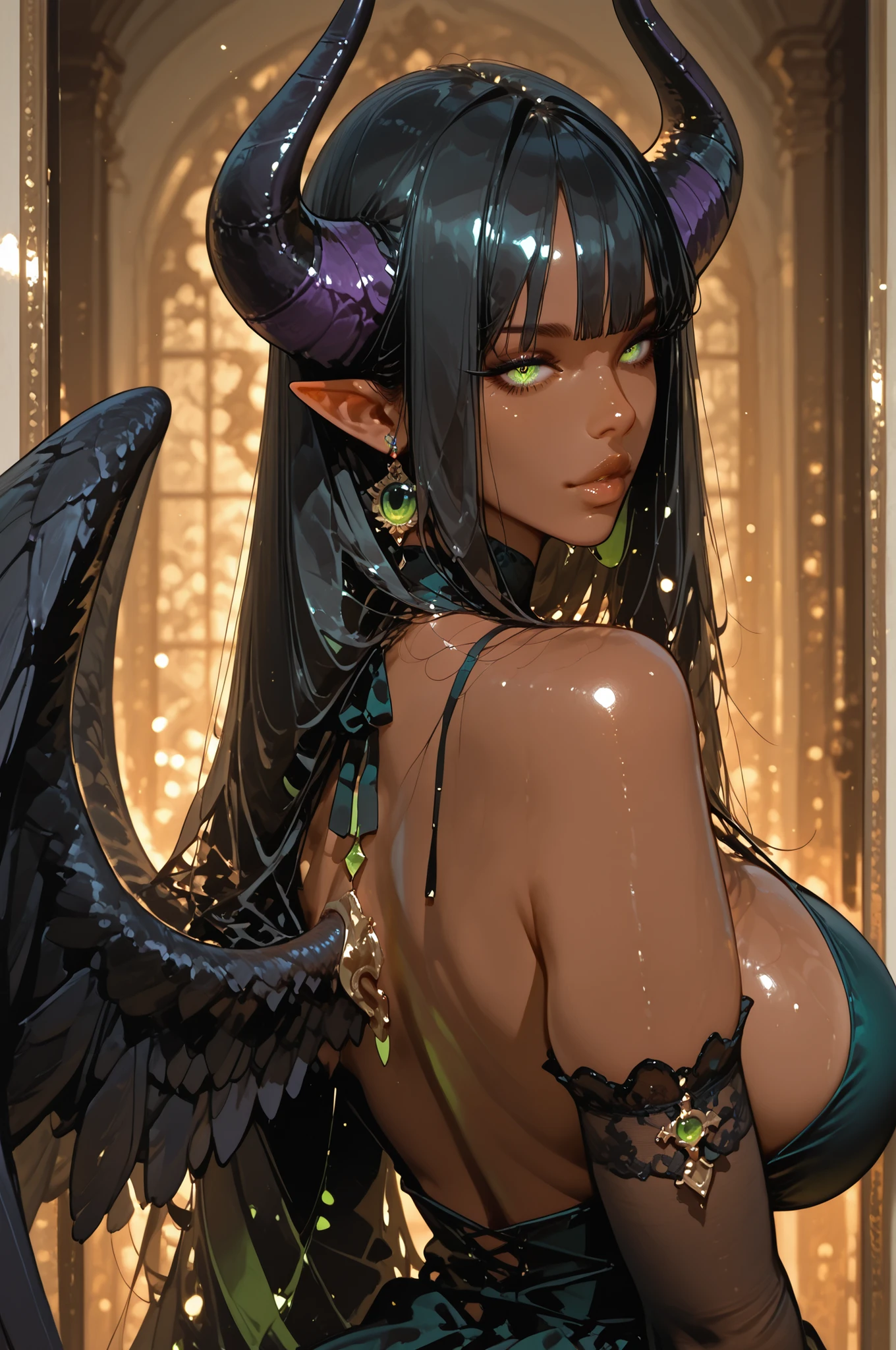 Tall  Caramel skinned woman, long  black hair, Green almond shaped eyes,  large breast,  Raven wings on her back in a dress with out horns