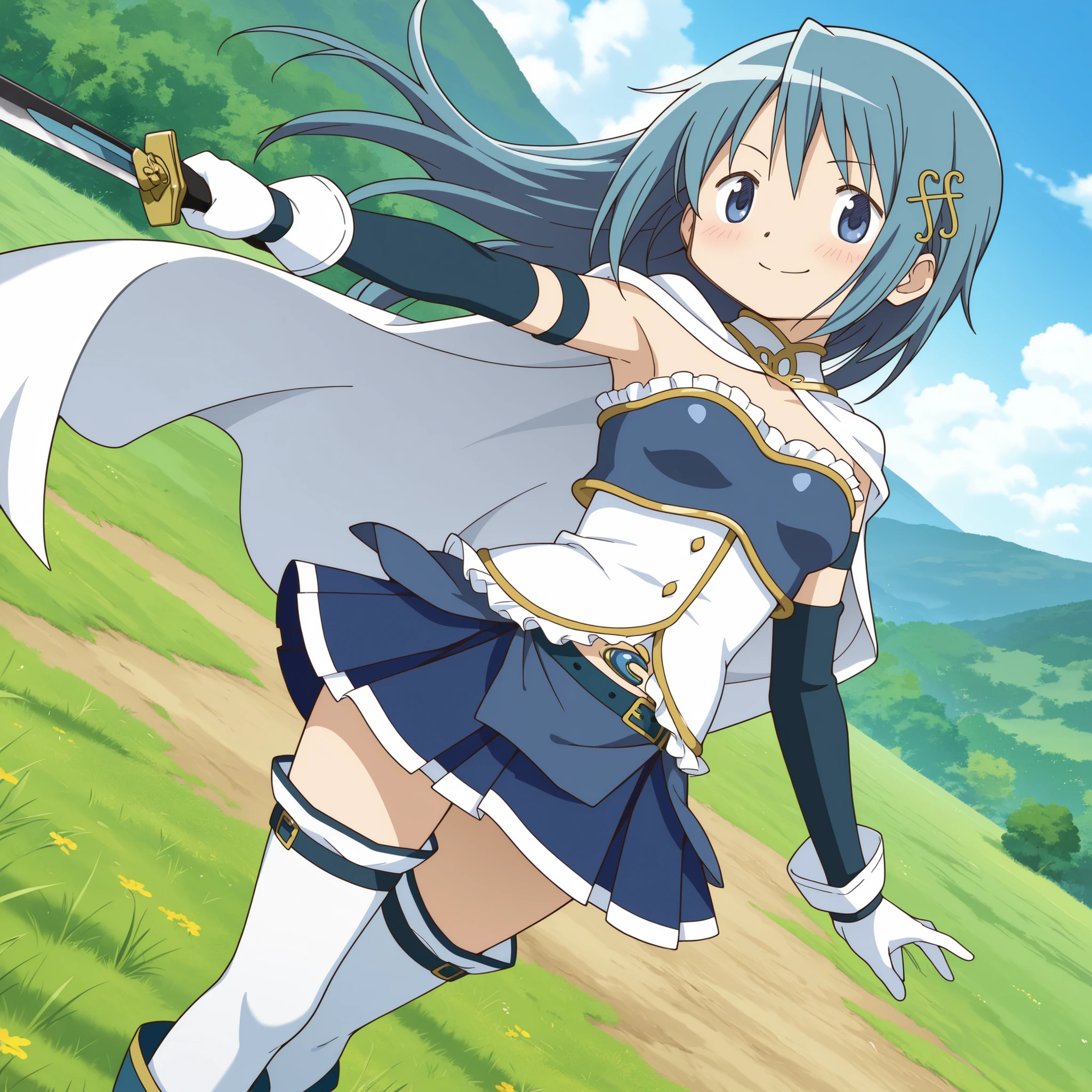 masterpiece, best quality, newest, absurdres, highres, safe, anime style, anime capture, anime screen, 1girl, solo, mahou shoujo madoka magica, miki sayaka, blue eyes, blue hair, long hair, hair down, fortissimo hair ornament, white cape, frilly dress, armband, elbow gloves, white gloves, soul gem, belt, blue skirt, white thighhighs, blue boots, holding sword,  smile, shout, blush, looking at viewer, zettai ryouiki, dutch angle, outdoors, stabbing sword, grass