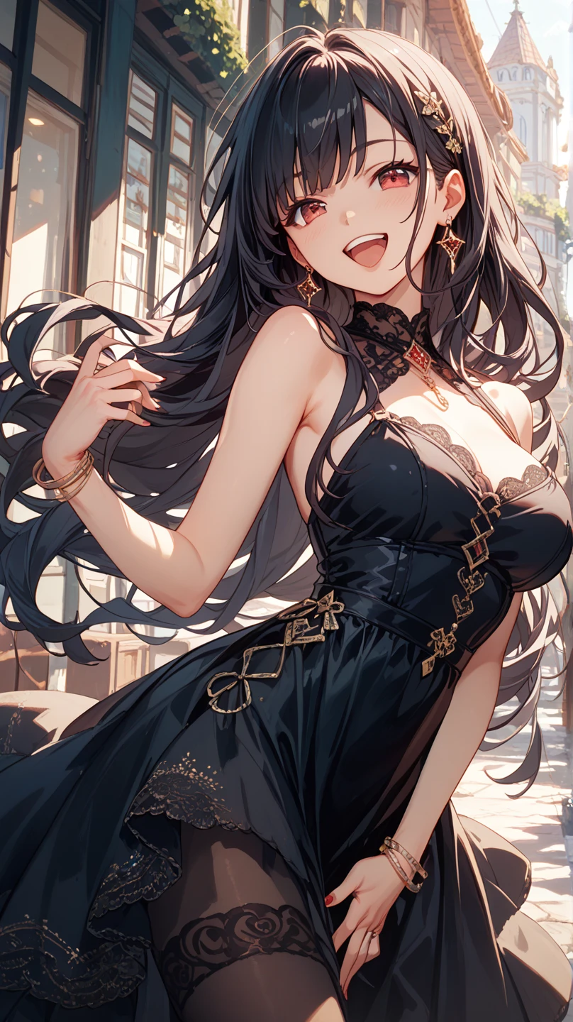 top-quality、Top image quality、masterpiece、girl with((sixteen years old、teen ager、cute little、Best Bust、big bast,Beautiful blue eyes、Breasts wide open, A dark-haired、red hairs、Longhaire、A slender,Large valleys、,Black floral dress、A smile、blue scarf、Black wristband、dance)),hiquality、Beautiful Art、Background with((On a luxury liner、Lake at night、Beautiful lake、Farbe)))、,masutepiece、depth of fields,Cinematic style