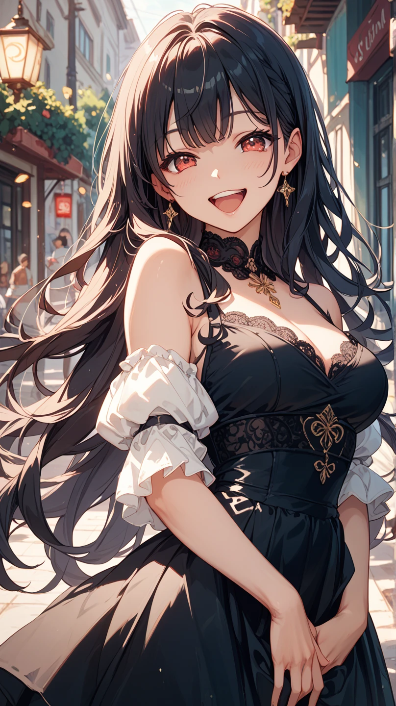 (best quality, Masterpiece), 1 girl, The sun shines, In the building, bedroom, black hair, Beautiful long hair, braid, pink eyes, cute, Bright face, Good mood, big breasts, Fashionable clothes for a beautiful date, obscene face, collarbone, shoulder, shy, Very blushing., 1 woman, young girl, (Goosebumps:0.7), Beautiful face, (shyไลเนอร์, lipstick:0.9), nighttime, street lights, fall, 4K, 8K, UHD, HDR, detailed background, background