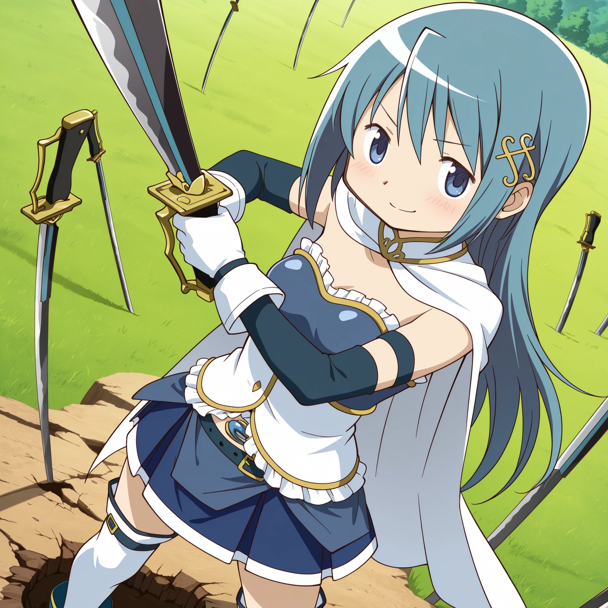 masterpiece, best quality, newest, absurdres, highres, safe, anime style, anime capture, anime screen, 1girl, solo, mahou shoujo madoka magica, miki sayaka, blue eyes, blue hair, long hair, hair down, fortissimo hair ornament, white cape, frilly dress, armband, elbow gloves, white gloves, soul gem, belt, blue skirt, white thighhighs, blue boots, holding sword, smile, blush, looking at viewer, zettai ryouiki, dutch angle, outdoors, countless swords stuck in the ground, grass, from above