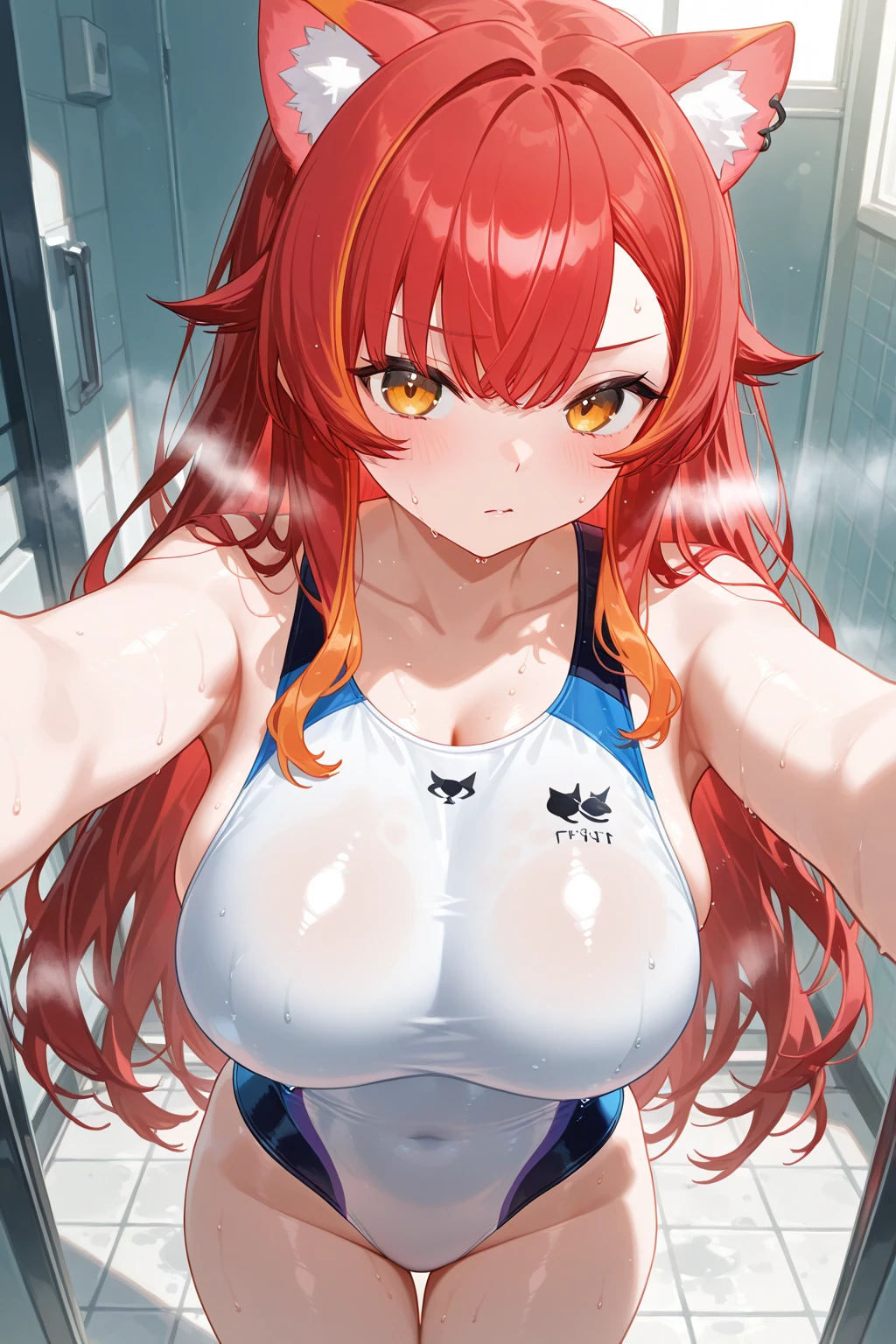 My name is Hikaru, I am a white test woman with long red hair and black eyes. I am 1.60 cm tall and weigh 46 kg. My breast sizes are 300 cm, my waist is 60 cm and my hips are 200 cm. Dressed in a black and pink sports bra, along with a short pink panties and her hair tied in a ponytail with a bang. With big breasts 300 cm