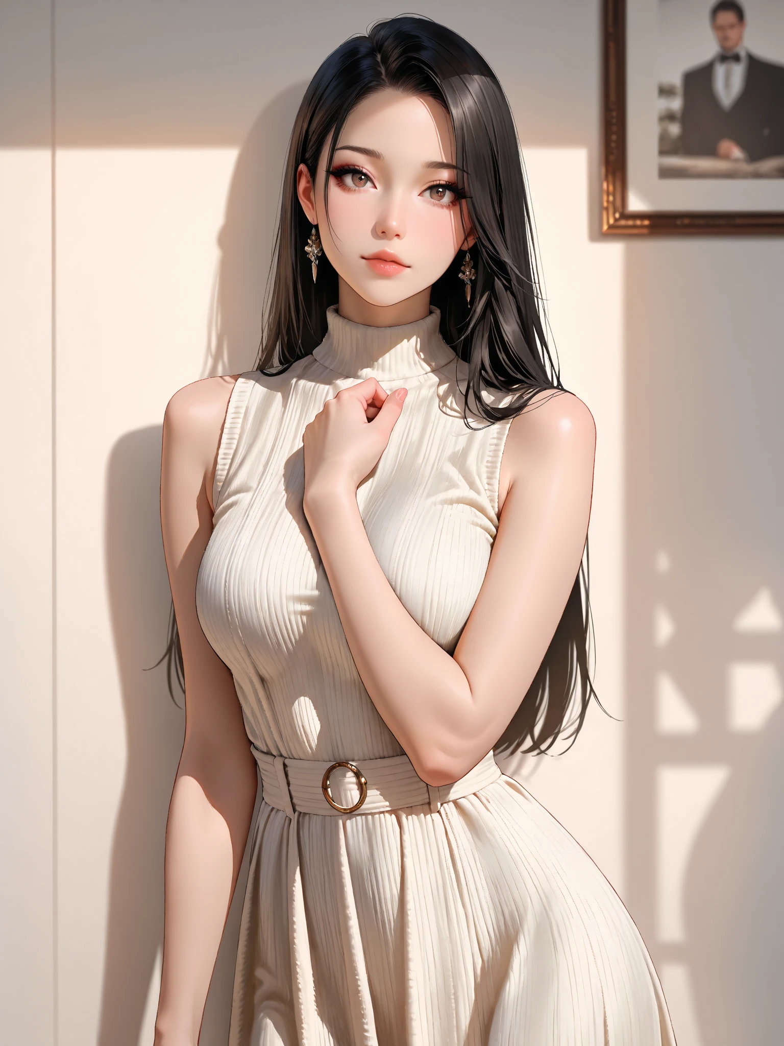 (masterpiece:1.3), High resolution, Very detailed, Very detailed CG Unity 8k wallpaper, Realistic, photo-Realistic, RAW Photos, Beautiful and dense face, Pale skin, Realistic glistening skin, High-quality fabric, Detailed hair texture, Perfect body, Beautiful Face, Accurate, Anatomically correct, Very detailed face and skin texture, Natural neck length, (Beautiful Hands), (Fair skin:1.2), Thin legs, Thin legs,
BREAK,
Beautiful Eyes, Symmetrical eyes, Light brown eyes, double eyelid, Thin eyebrows, (glossy lips:1.4), (Smiling Kindly:1.2),
BREAK,
(Browsing Caution:1.1), (Classy and cute girl:1.3), (1 girl), ((Wearing a white sleeveless turtleneck sweater:1.3)), ((Well good:1.1)), (Black pleated skirt), (Knee-high boots),
(Medium sized big breasts, Slim figure, Toned Abs, Hard breasts:1.1), Beautiful clavicle,
(Black Hair, Wavy Hair, Long Hair:1.2), ((Asymmetrical bangs:1.2)), Second dimension beautiful girl
