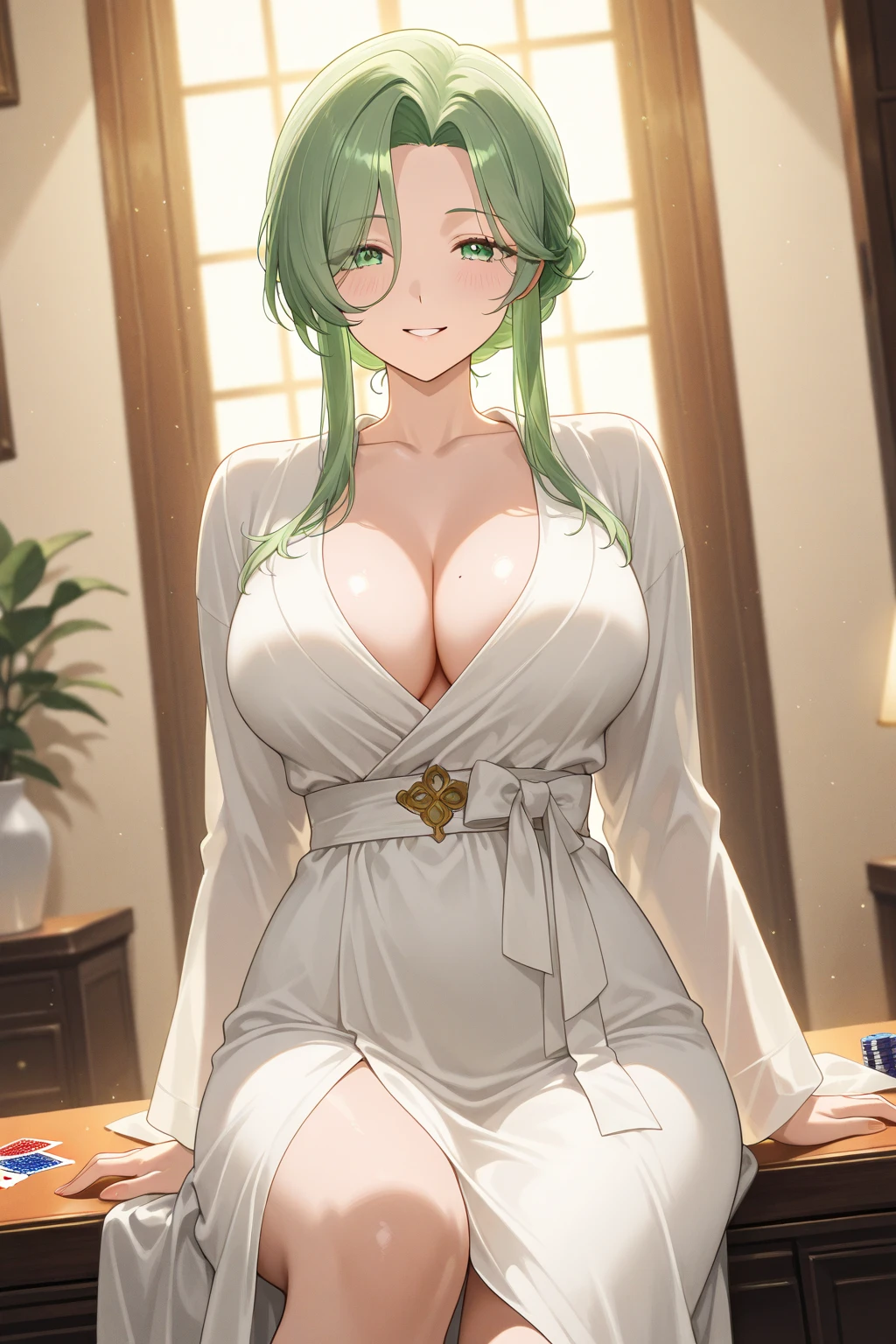 green hair, white dress, green eyes, gigantic breasts, cleavage, ultra-detailed(best quality,highres:1.2), ultra-detailed eyes, smiling