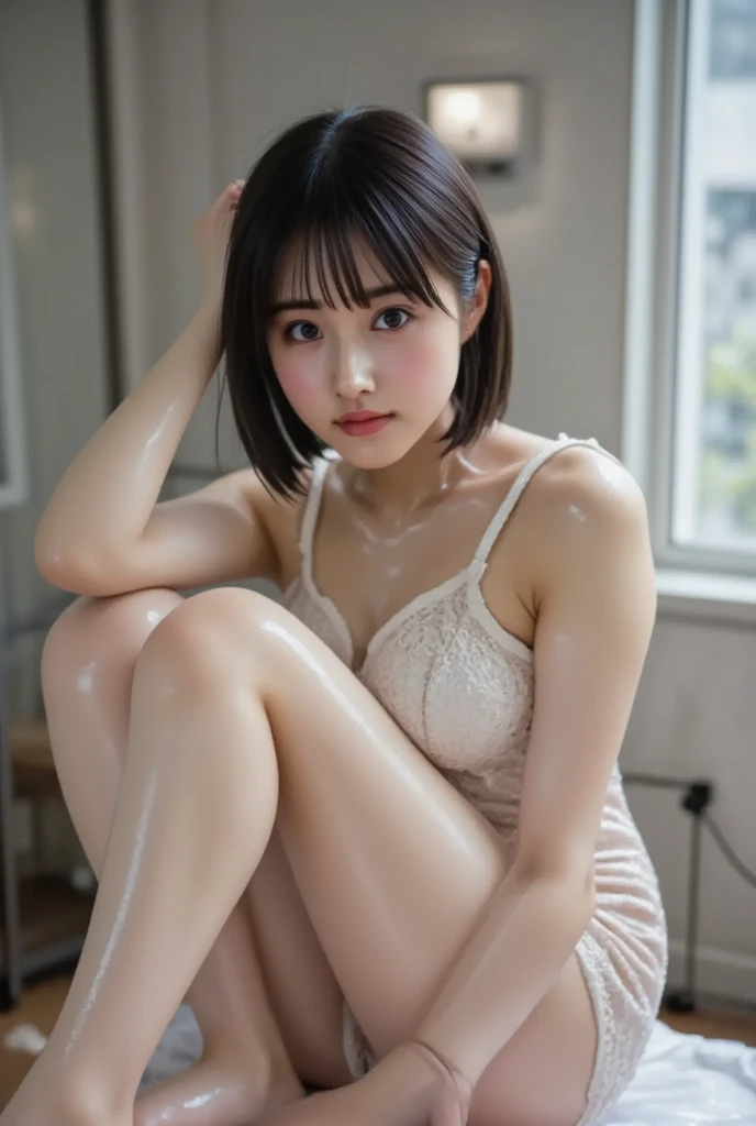 ((Top Quality, 16k, Masterpiece: 1.3)), Ayami Shiina, 28-year-old Asian woman, Beautiful woman with perfect figure: 1.3, (((Brown hair)), ((Beautiful breasts: 1.3)), (Shower, cloudy water)), (Transparent underwear and bristles)))), (Bathroom)), ((Pause)), ((Sensual)), ((Squatting, spread your legs)), (Drenched breasts)), (Drenched body)))), (( (soaked pubic hair))), transparent underwear that bites, streaks, hair that covers the beautiful pubic area