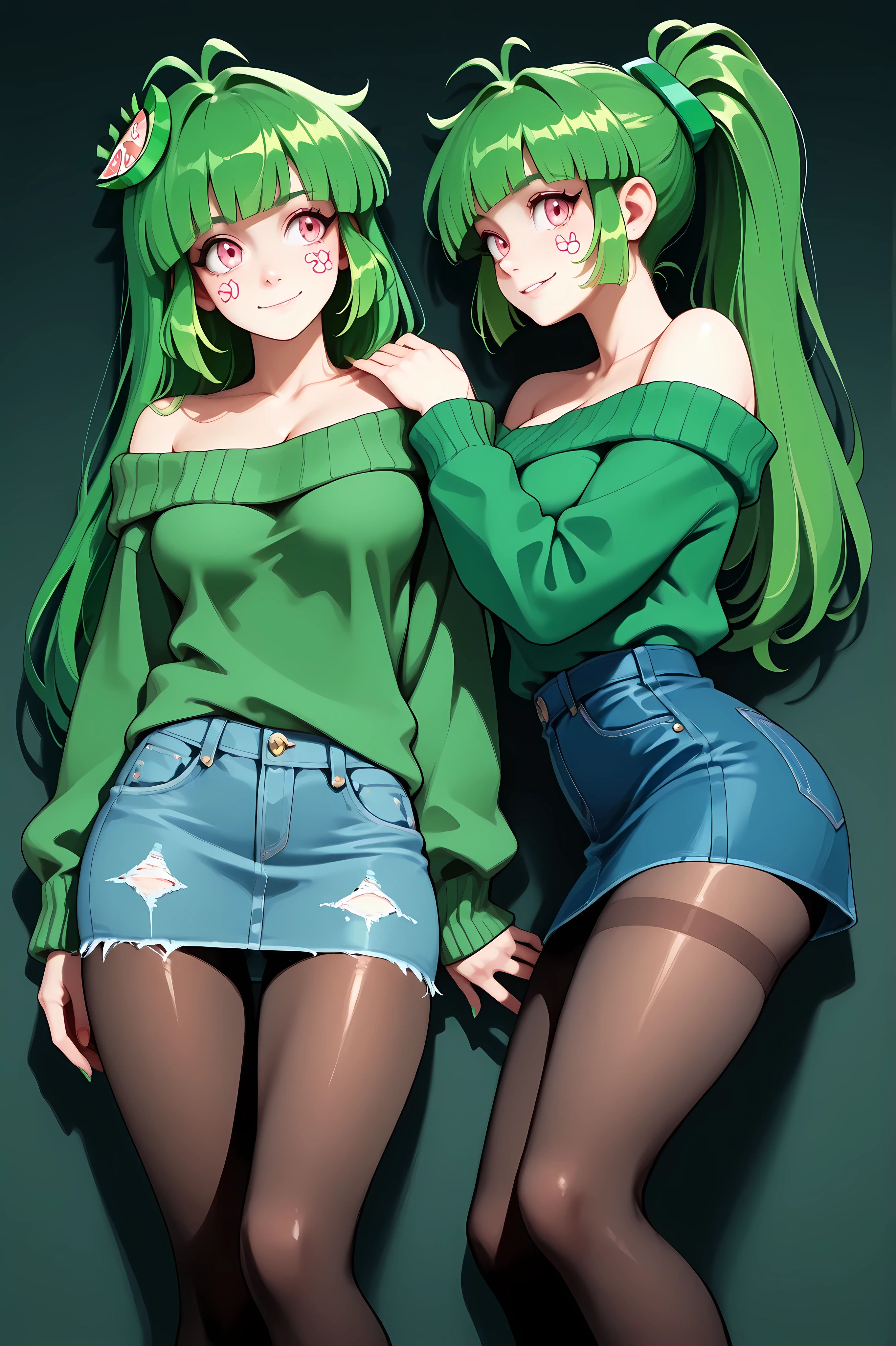 Vannamelon, long hair, green hair, ponytail, off shoulder sweater, denim skirt, mid-thigh high skirt, pantyhose,masterpiece,Highest Quality,,Twins,2girls,