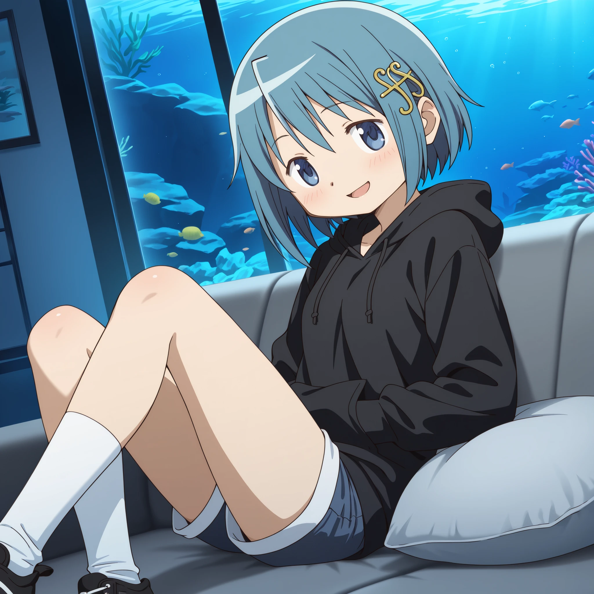 masterpiece, best quality, newest, absurdres, highres, safe, anime style, anime capture, anime screen, 1girl, solo, mahou shoujo madoka magica, miki sayaka, blue eyes, blue hair, short hair, fortissimo hair ornament, black hoodie, shorts, white socks, black sneakers, sitting,  smile, open mouth, blush, looking at viewer, zettai ryouiki, dutch angle, indoors, aquarium, a large glass-enclosed tank, sofa