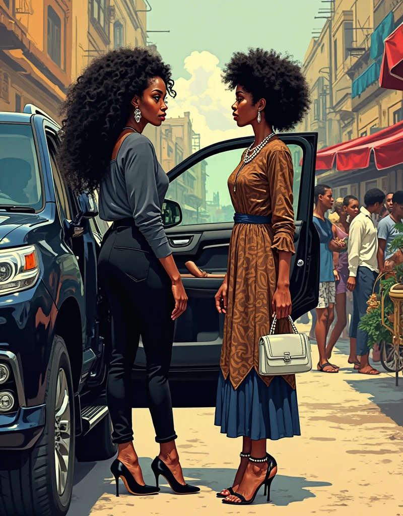 une femme noir africaine afro sexy en jeans bleu aux cheveux longs debout dans une rue repousse de la main un homme noir