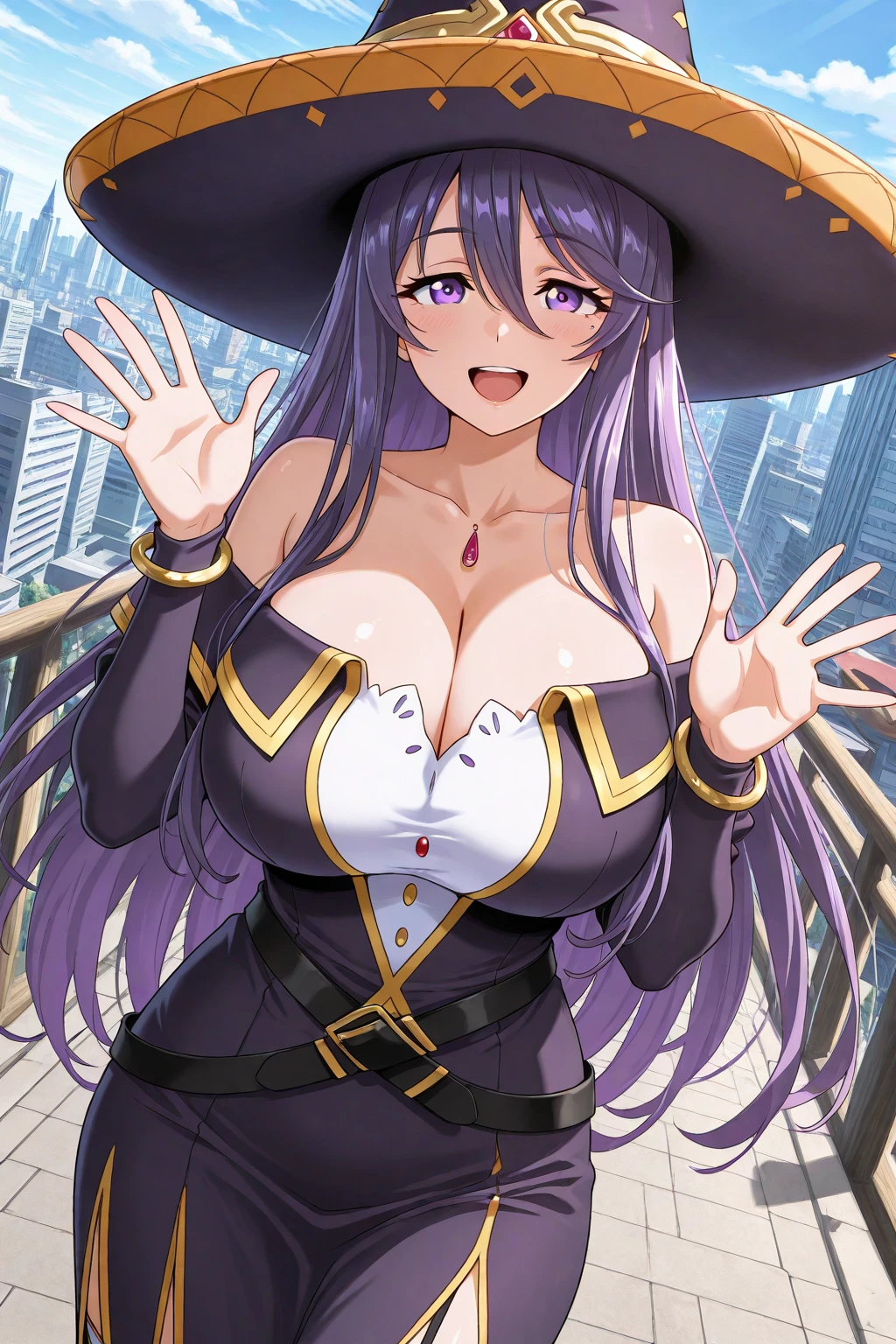 masterpiece, best quality, <lora:almaria-nvwls-v1-000009:0.9> almaria, hairband, hair ornament, black dress, purple jacket, purple shorts, garter belt, thigh boots, large breasts, seiza, from above, looking at viewer, open mouth, fangs, smile